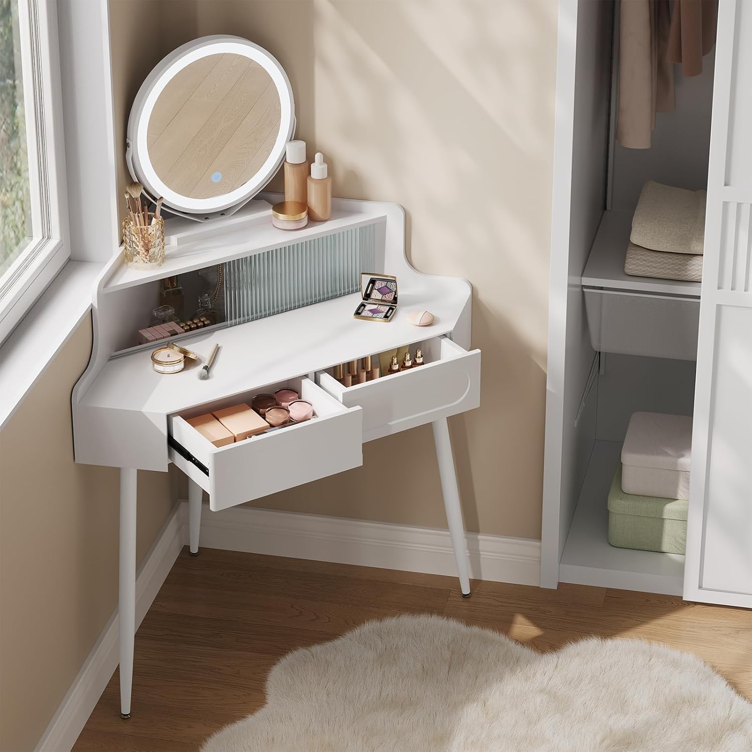 Coiffeuse avec miroir en MDF Blanc H. 139 x l. 99 x P. 63 cm - 2