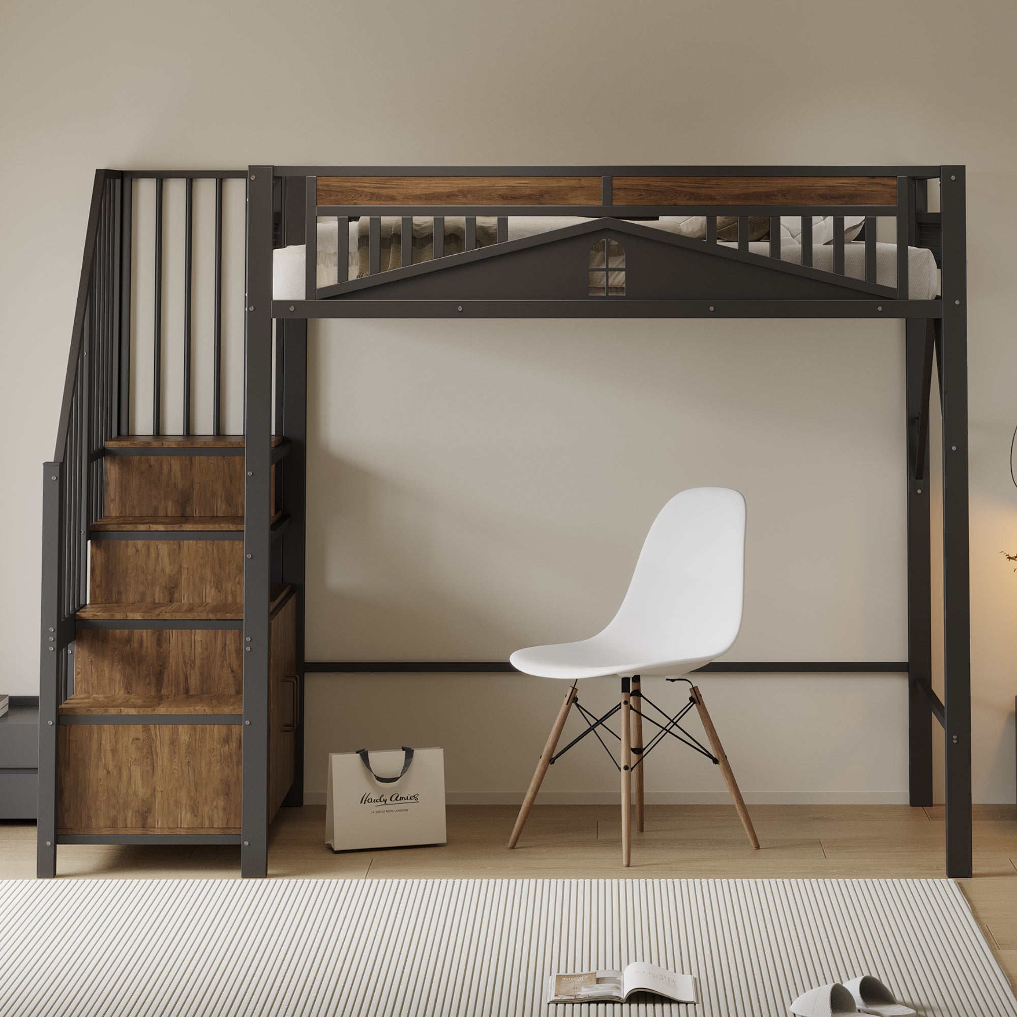 Lit mezzanine en métal 90 x 200 cm, enceinte de sécurité unique avec fenêtre, échelle de sécurité avec casier, noir - 2
