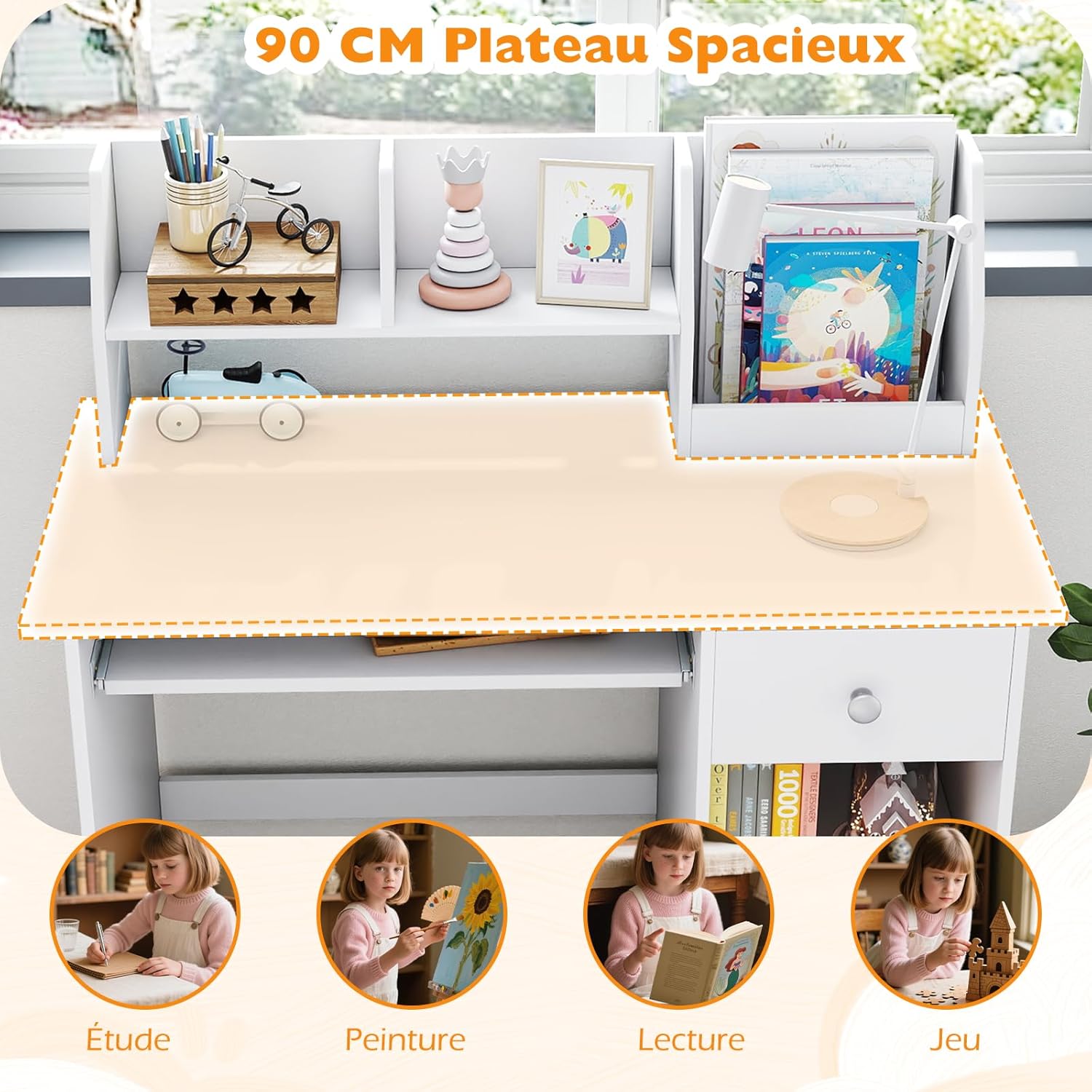 3 en 1 Bureau Enfant 90 x 45 x 90CM avec Rangement, 1 Tiroir 2 Étagères, Table Enfant en Bois avec Plateau à Clavier, Blanc - 5
