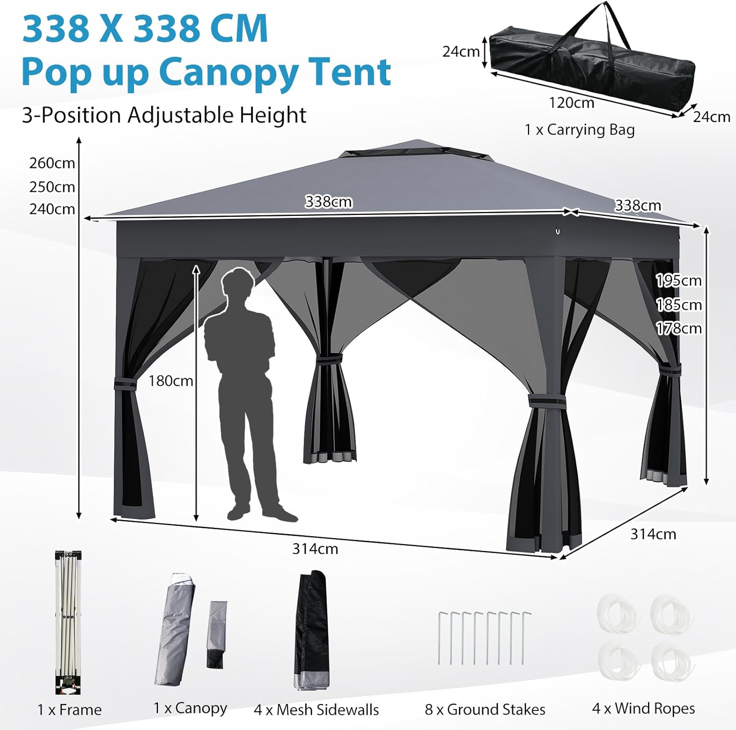 Tonnelle Pliante 3x3 avec Moustiquaire, Tonnelle de Jardin Extérieur, Toit Double en Oxford, Hauteur Réglable, Barnum Pliant avec Sac Transport (Gris) - 3