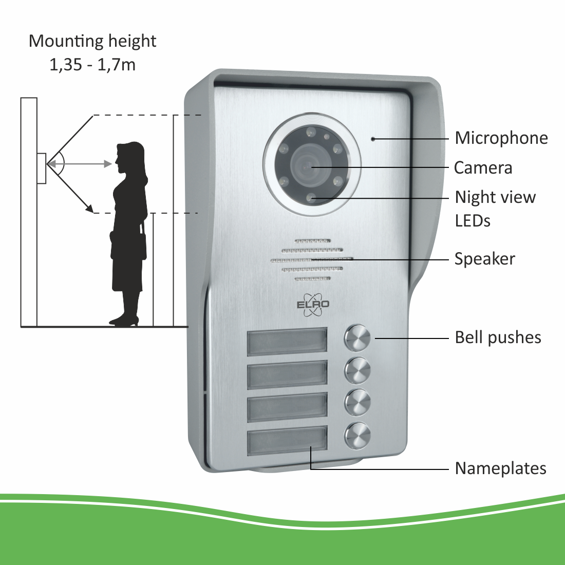 ELRO DV477W4 Interphone de Porte Vidéo 4 Familles avec écran 4 couleurs - Caméra avec Vision Nocturne - Technique 4 Fils - 16 Sonneries - Gris - 2