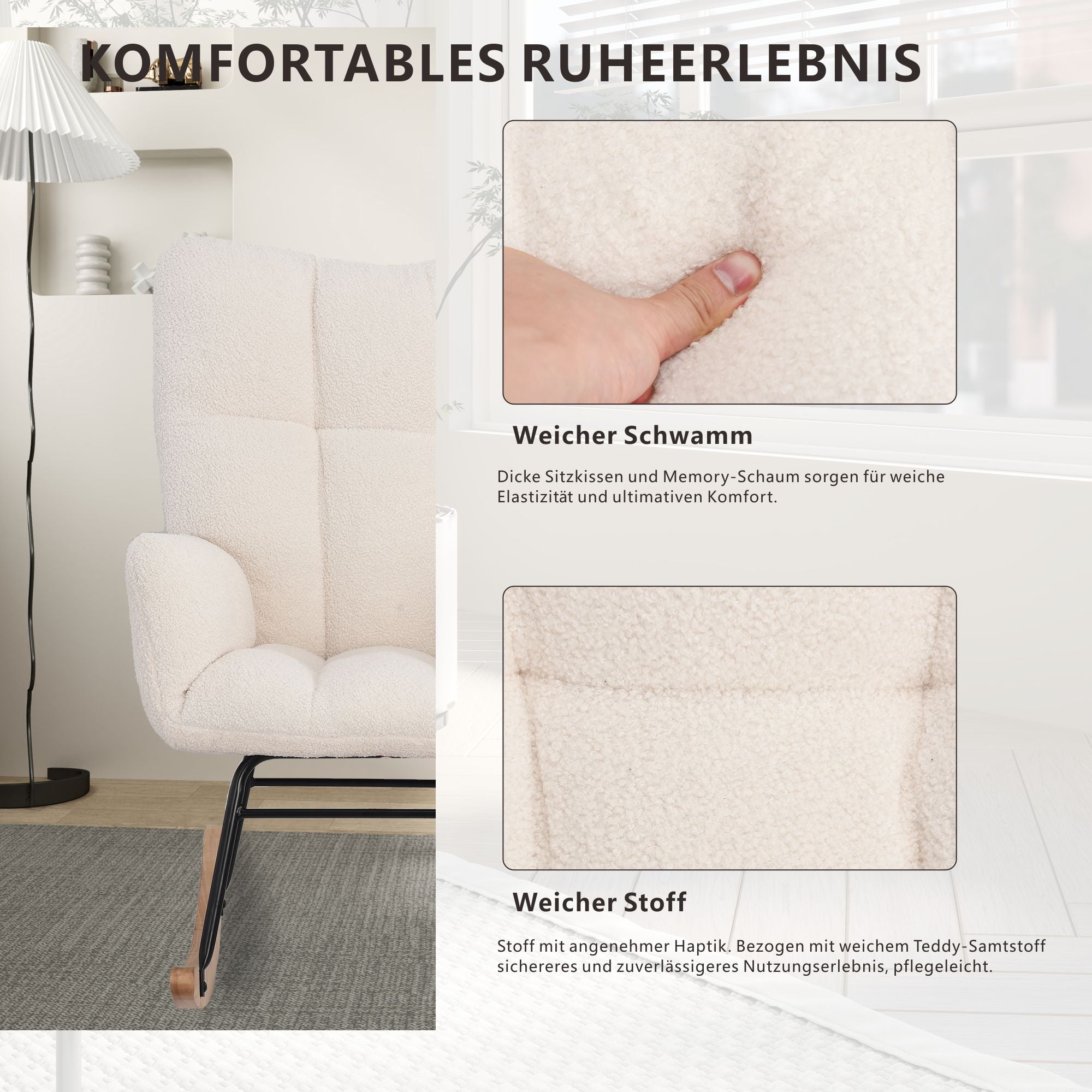 Fauteuil à bascule moderne en velours Teddy - Fauteuil à bascule avec accoudoirs, Blanc - 5