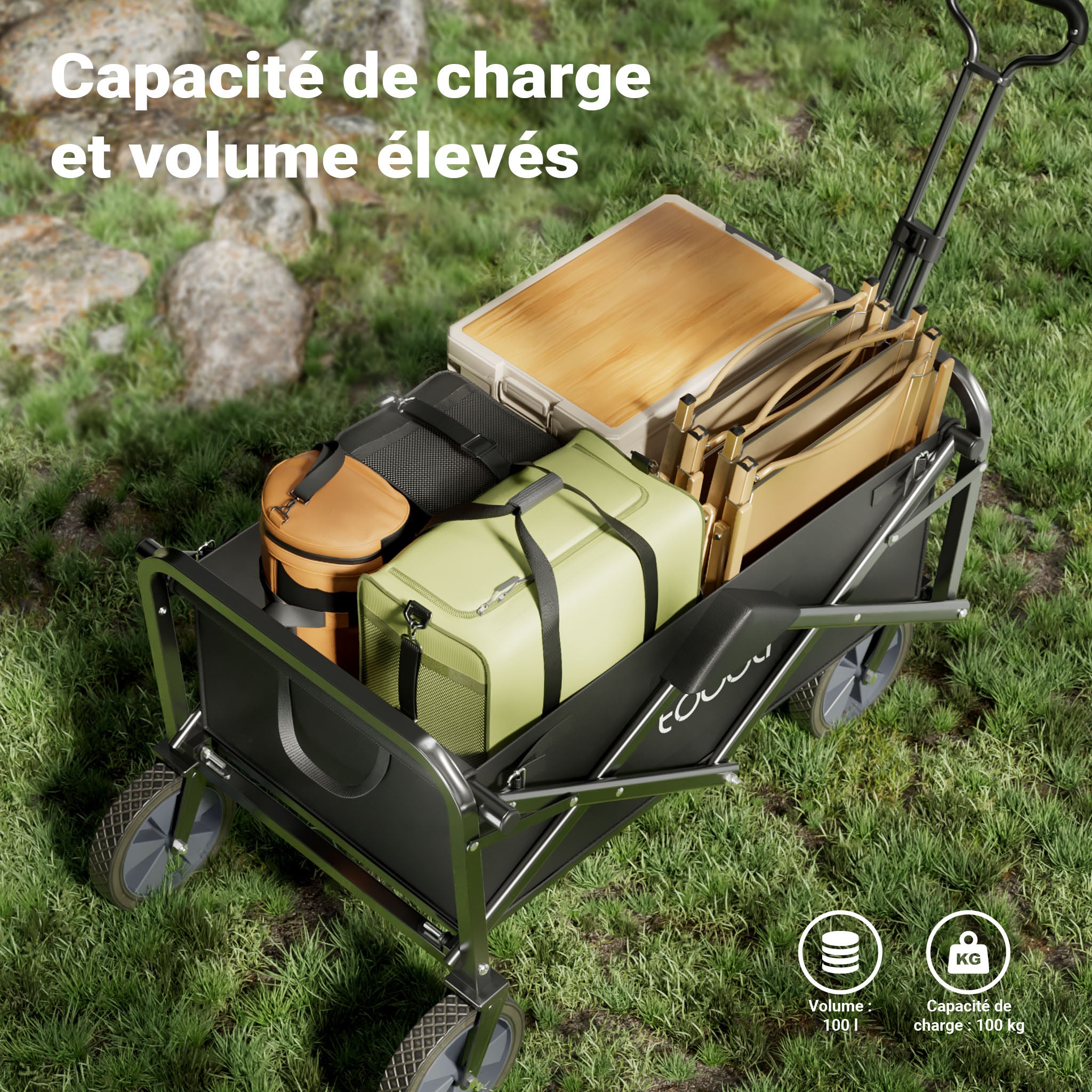 Chariot de transport Enfant Noir Pliable 100 kg avec Roulettes 1020x505x1010 mm Poignée Télescopique Transport Outils Tout-terrain Plage… Toboli - 4