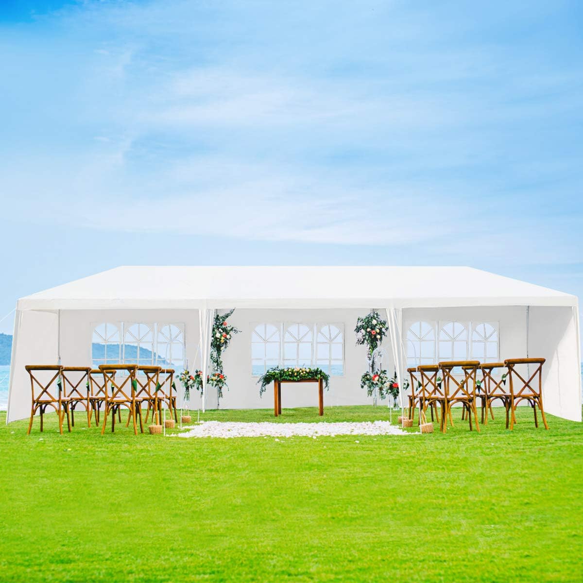 Tonnelle de Jardin/Tente de Réception 3x9m-27㎡ PE Barnum Imperméable avec Fenêtres 8 Bâches Amovibles, avec Piquets et Cordes - 2