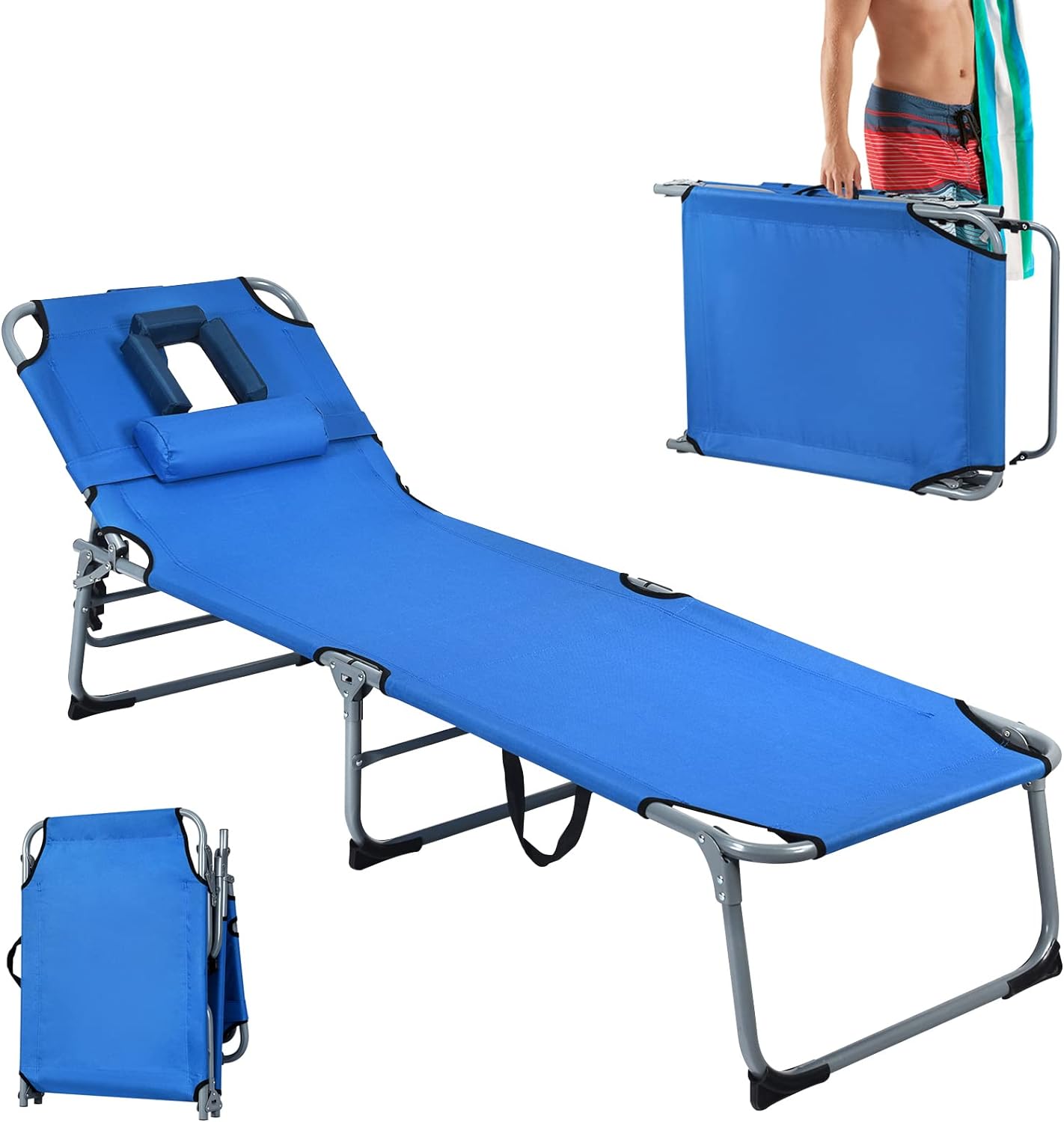 Leżak do opalania z otworem na twarz, składany leżak ogrodowy z regulowanym oparciem i zagłówkiem, do ogrodu, na plażę, 194 x 60 x 36 cm (niebieski)