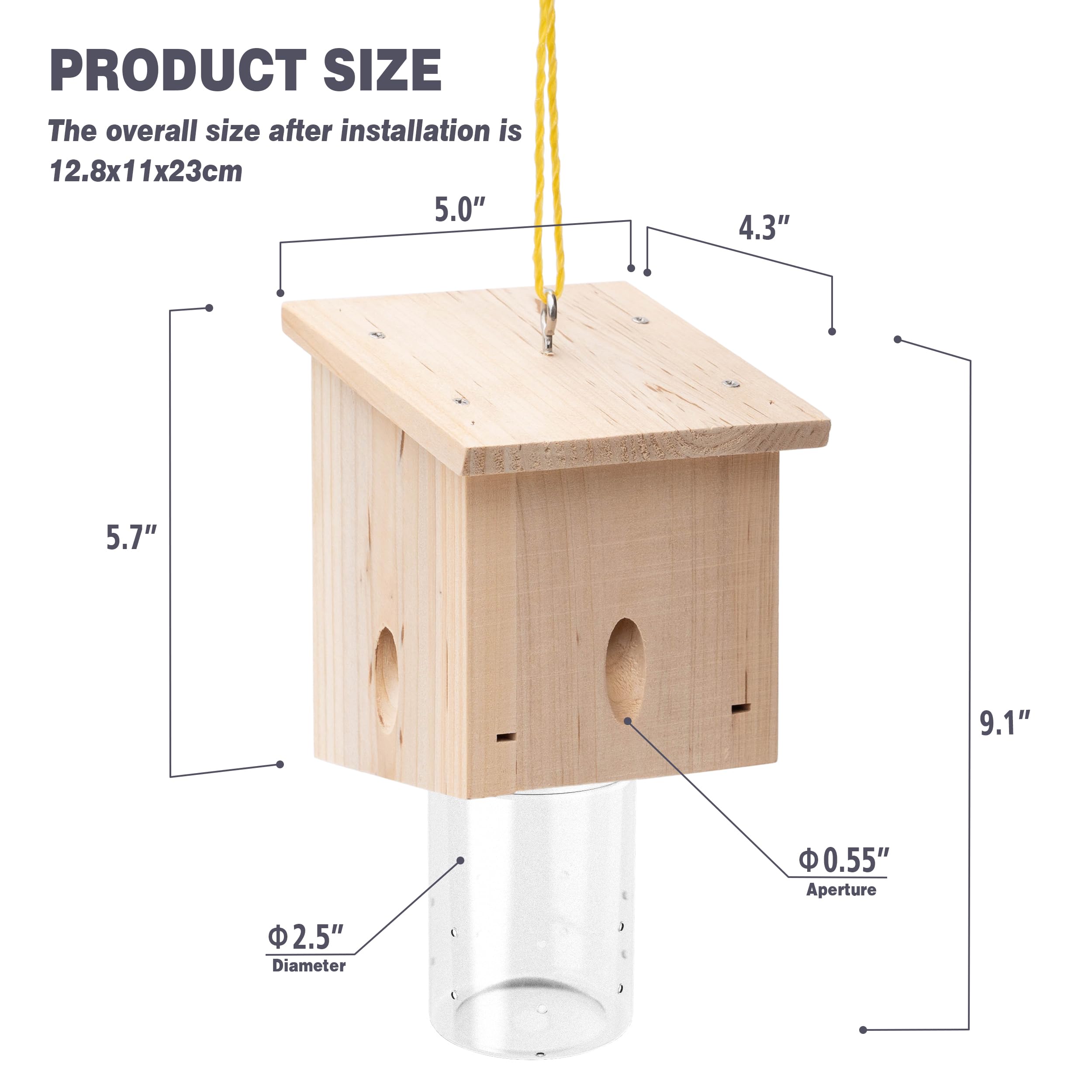 Armadilha Suspensa para Abelhas em Madeira Maciça Natural (Teto Inclinado) — Inclui Bandeja de Captura Removível (Conjunto de 2 Peças) - 5