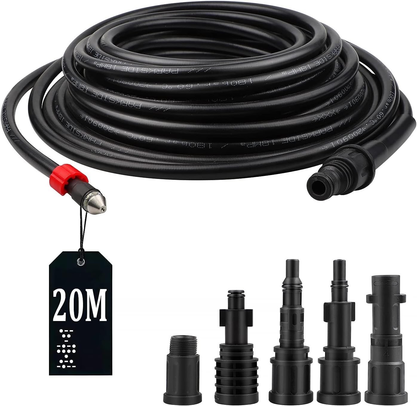 Wąż do myjki wysokociśnieniowej 20 m, 5 adapterów, 180 bar, 60°C, zestaw do czyszczenia rur do myjek ciśnieniowych Kärcher, Lavor, Interpump, Bosch