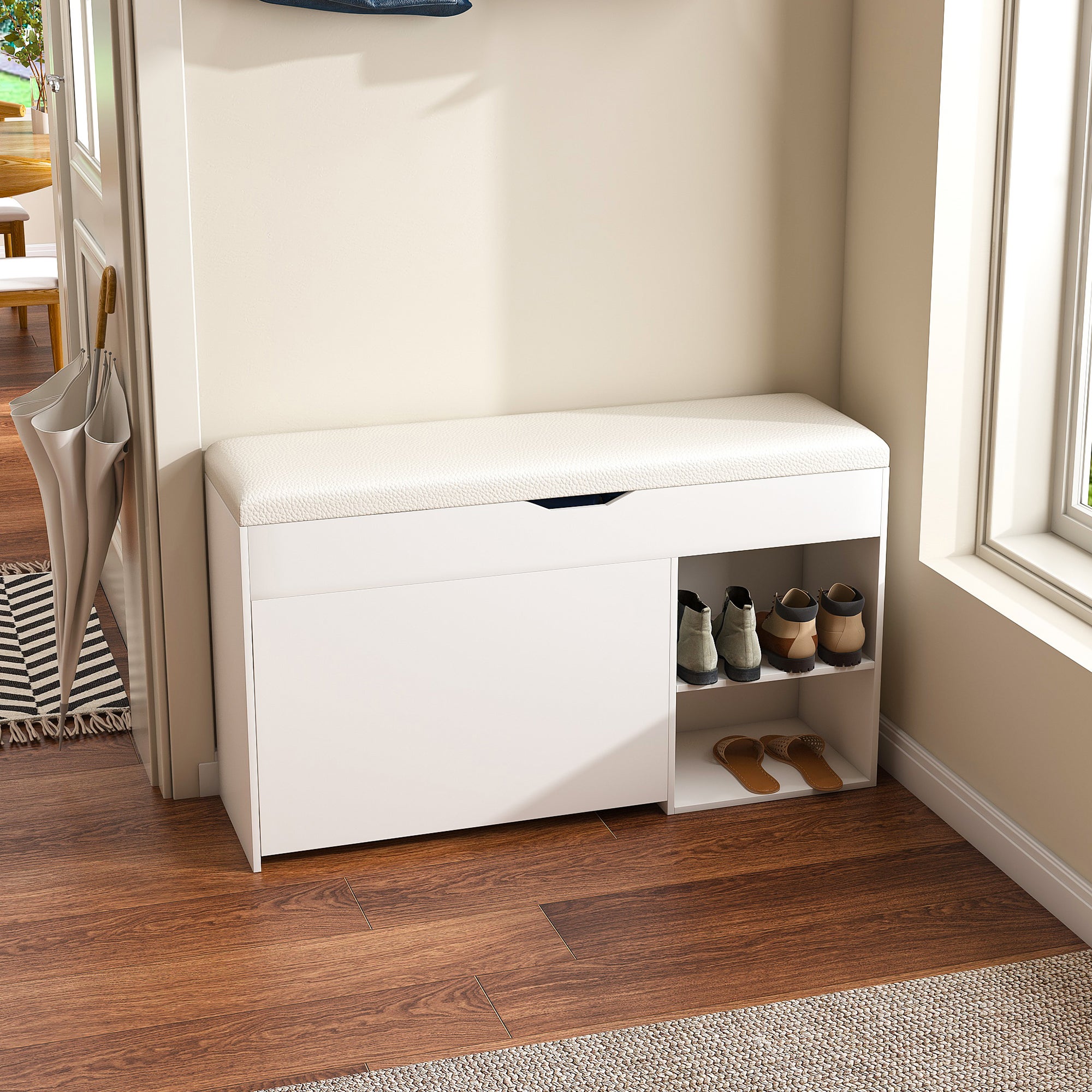 Banc à chaussures 100x30x52 cm, rangement avec couvercle rabattable, MDF blanc - 7