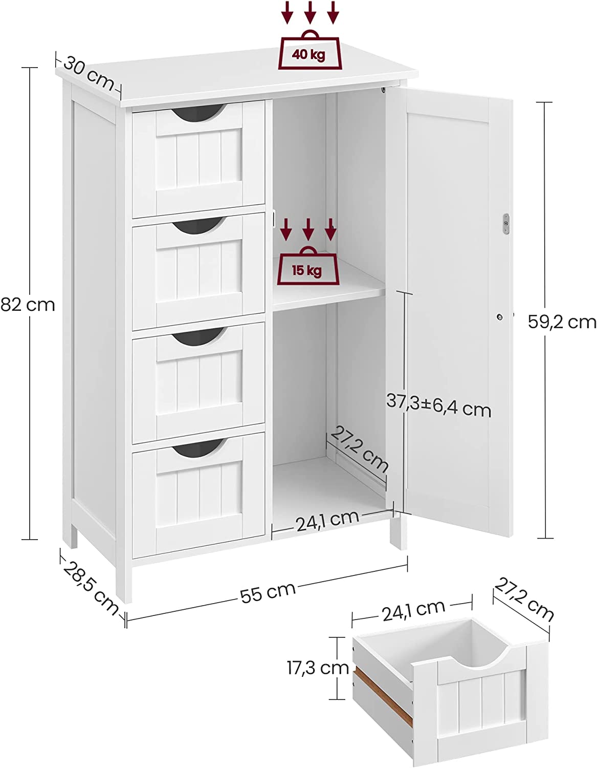 Armoire de Salle de Bain avec 4 Tiroirs, Porte, Étagère Réglable, 55 x 30 x 82 cm, Blanc - 3