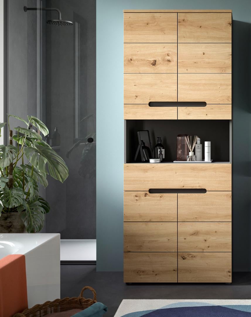 Canu armoire haute pour salle de bain 4 portes, 1 tiroir, 1 étagère chêne décor, gris. - 7