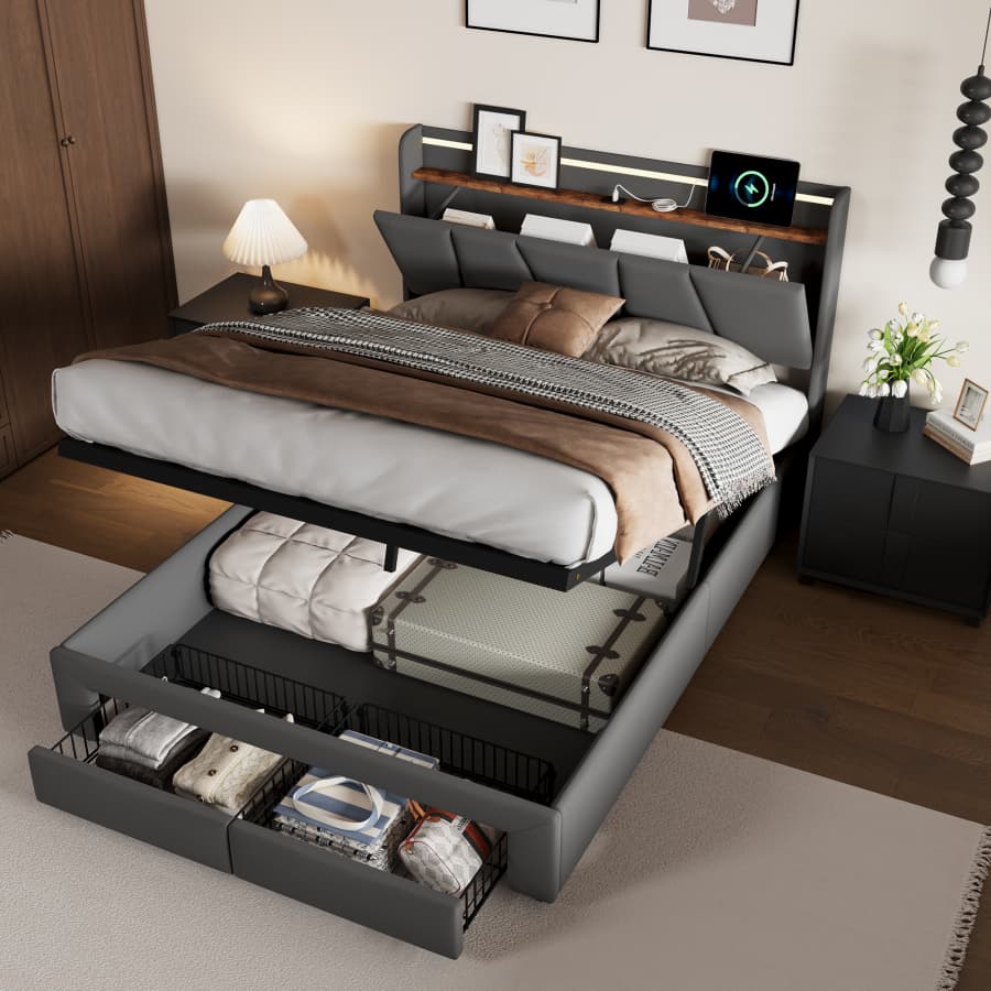 Letto Matrimoniale Imbottito 140x190 Cm Con 4 Cassetti, Testiera LED E Porte USB/Type-C, Tessuto Lino, Colore Grigio Scuro