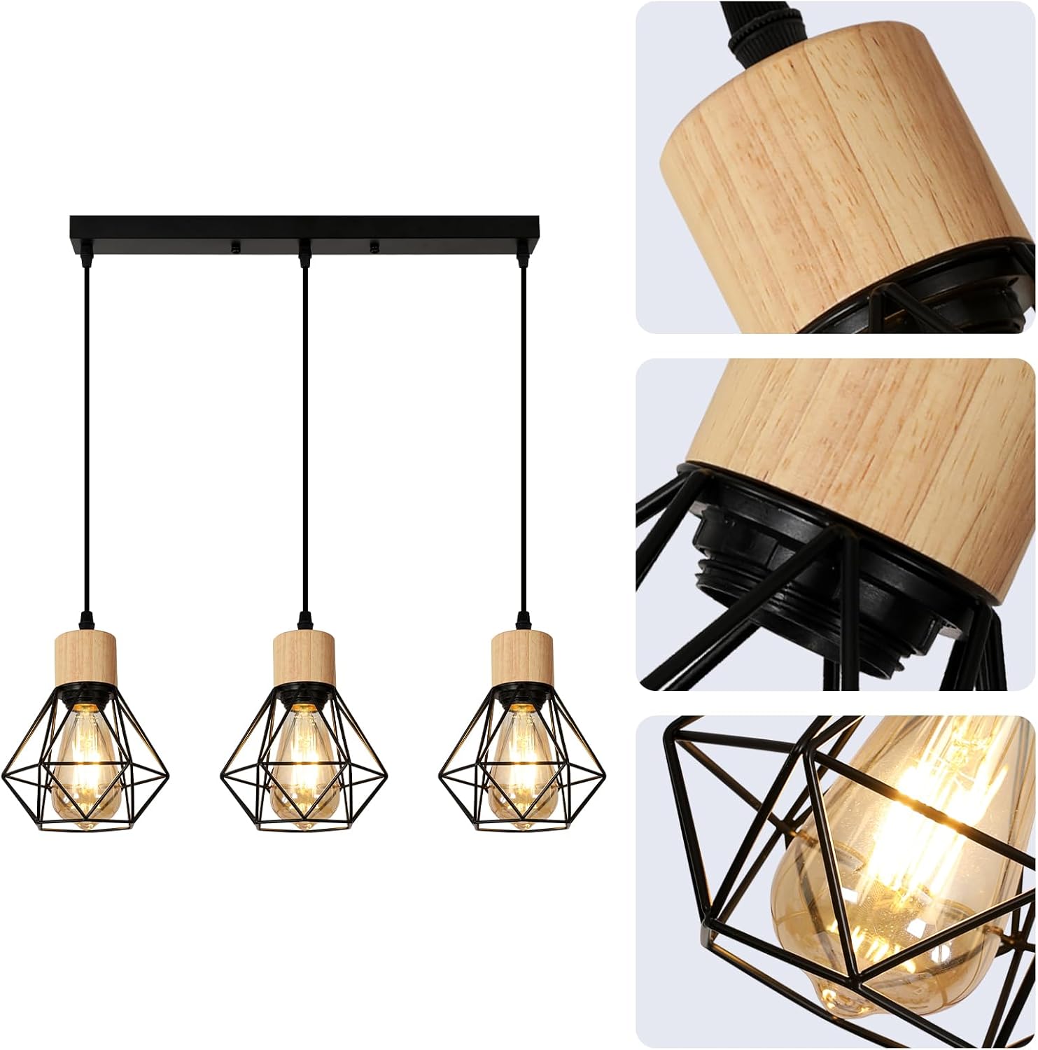 COMELY Suspension Industrielle Vintage E27, Lustre à 3 Lampes en Métal avec Abat-Jour en Cage, Luminaire Rétro pour Salon Cuisine Salle à Manger Bar - 4