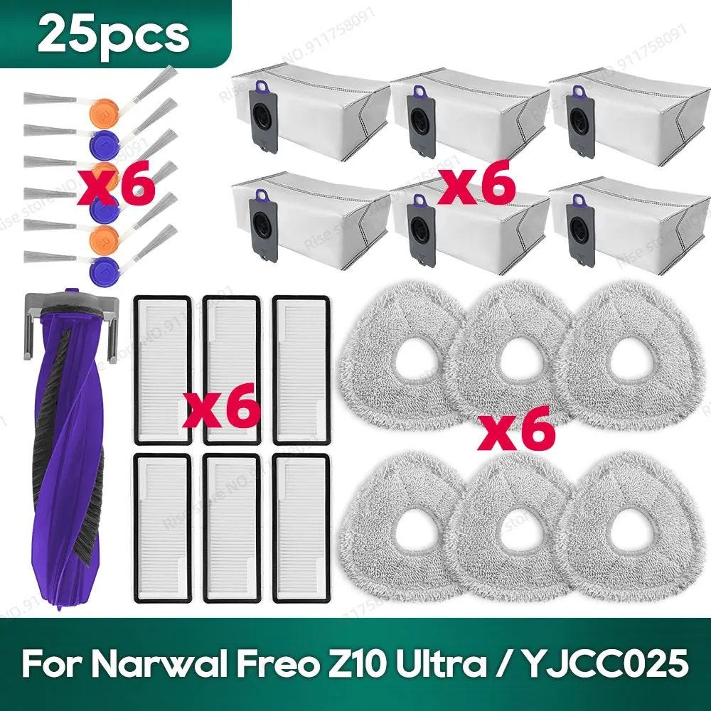 Kit di accessori per aspirapolvere Narwal Freo Z10 Ultra/Freo Z10, 1 spazzola principale, 1 copertura per spazzola, 2 filtri HEPA, 4 panni mocio, 4 sacchetti per la polvere, 4 spazzole laterali Kit di accessori per aspirapolvere Narwal Freo Z10 Ultra/Freo Z10, 1 spazzola principale, 1 copertura per spazzola, 2 filtri HEPA, 4 panni mocio, 4 sacchetti per la polvere, 4 spazzole laterali
