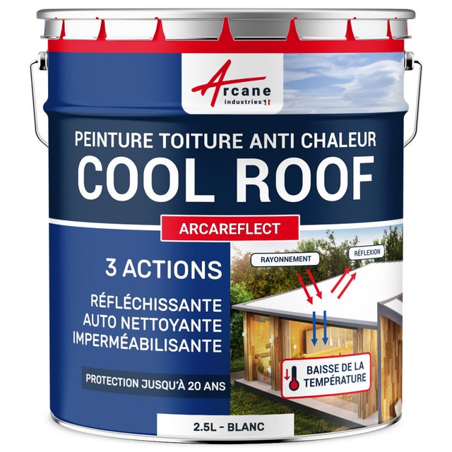 Cool Roof - Peinture toiture réfléchissante, anti chaleur, imperméalisante, auto nettoyante : Arcareflect Blanc - 2.5 L - ARCANE INDUSTRIES