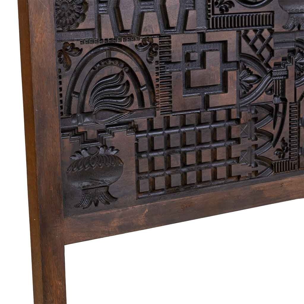 Testiera in legno marrone intagliata a mano 160x3x120h cm - 7