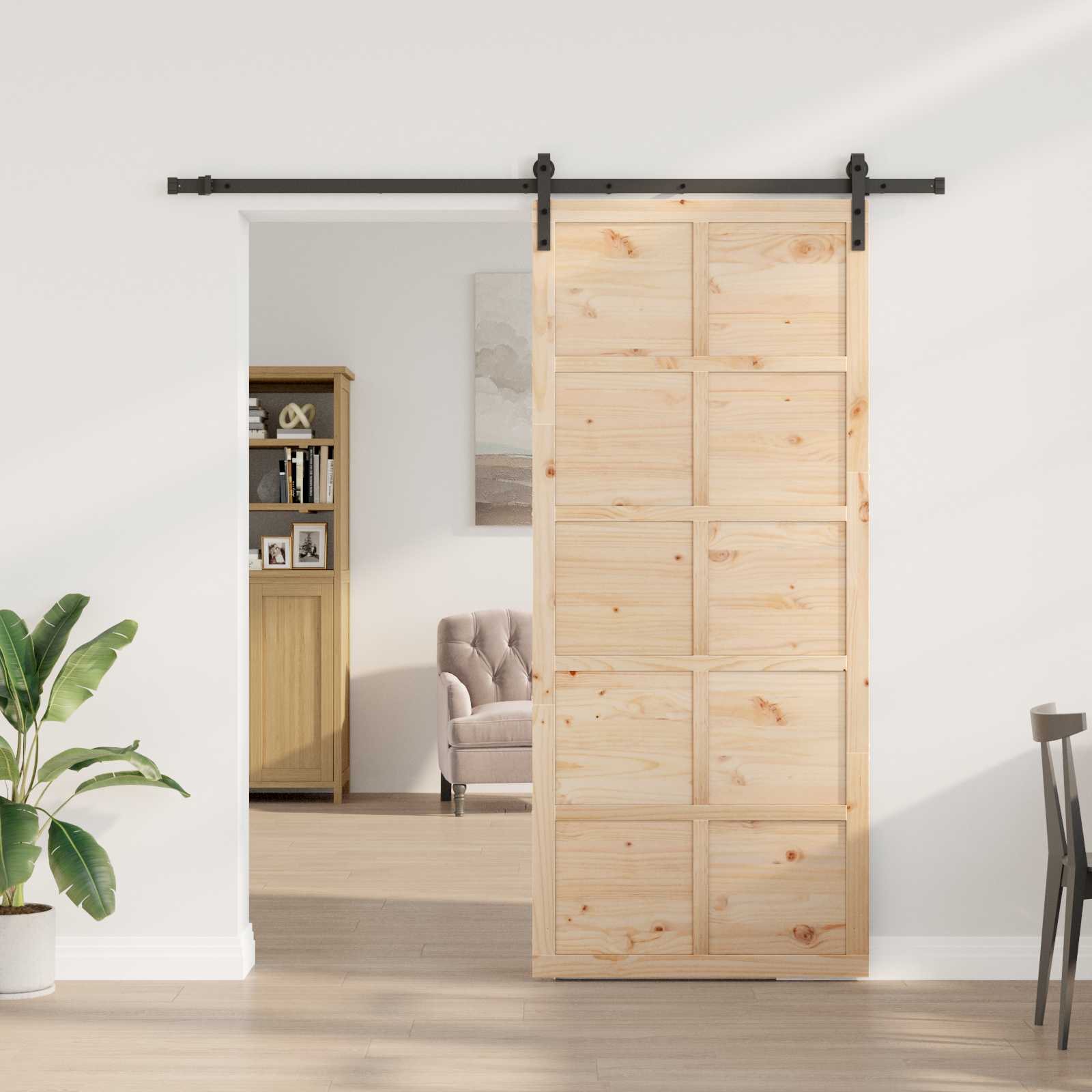 Porte coulissante avec kit de rail - Bois de pin massif - Naturel ...