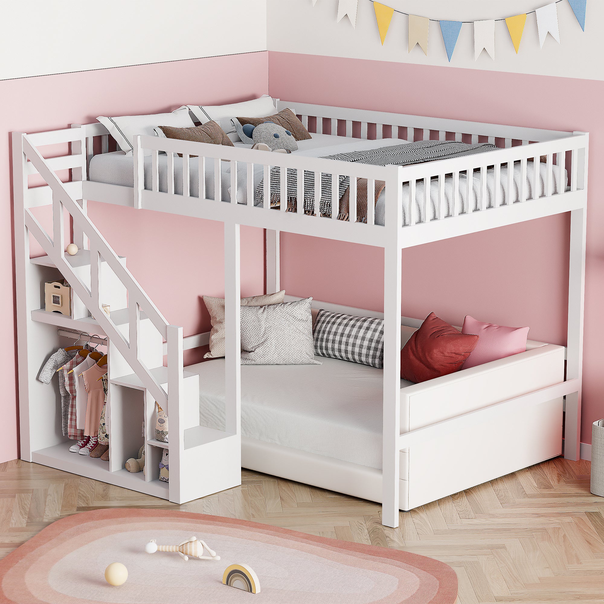 Lit Mezzanine 90 x 200 cm, Multifonction Lit Enfant avec Espace de Rangement Escalier, Blanc - 5