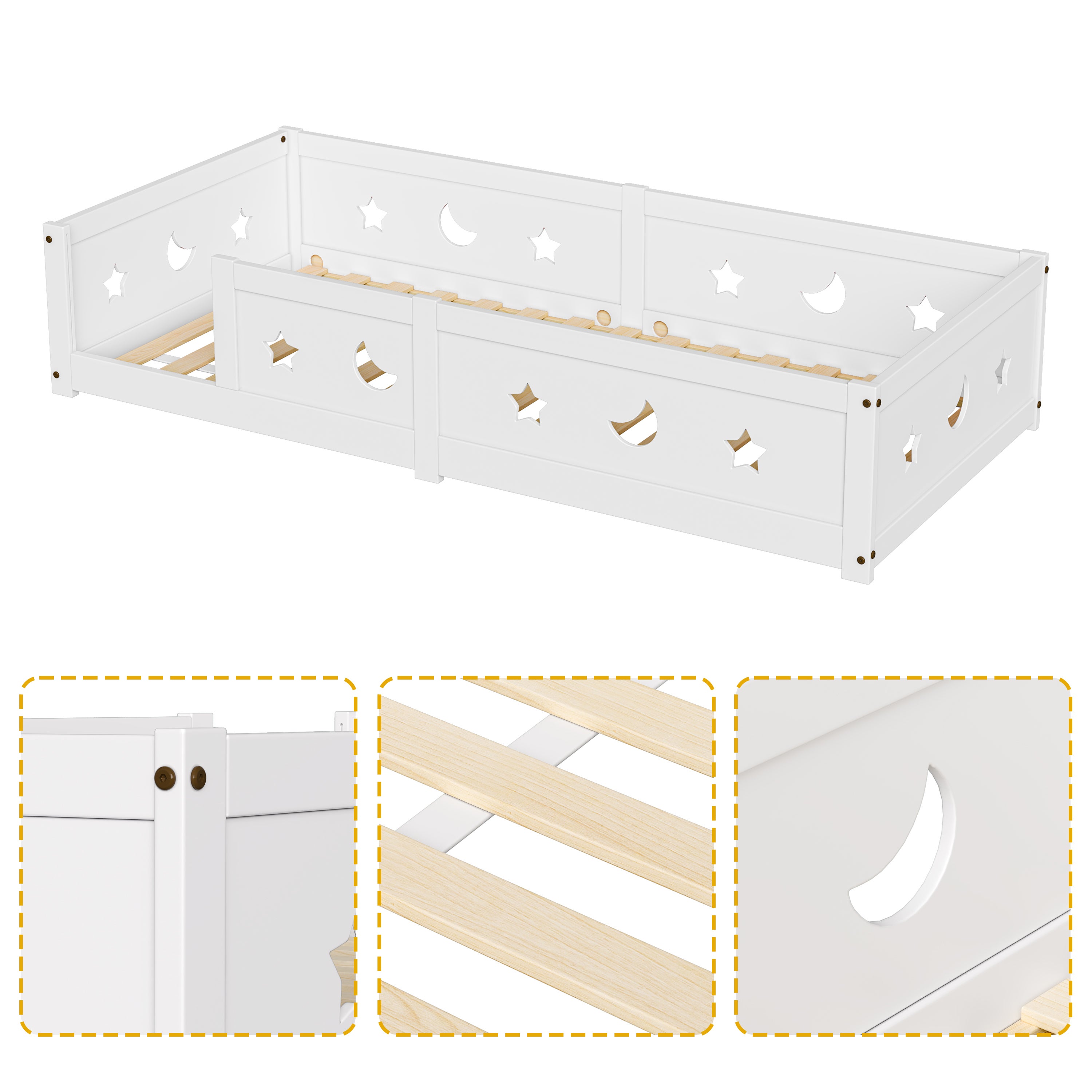 Lit au sol 90x200 cm, lit enfant avec barrière de sécurité, lit 1 personne, lit montessori, moderne, cadre de lit avec sommier, bois massif blanc - 7