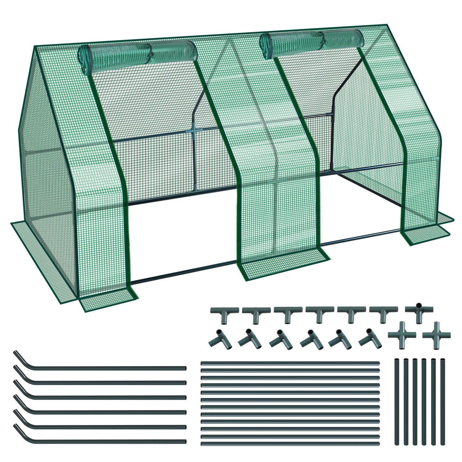 Miniaturowa szklarnia pomidorowa z podwójną plandeką, 180 dł. x 90 szer. x 90 wys. cm, stal PE, PVC, 2 okna z suwakiem, zielona