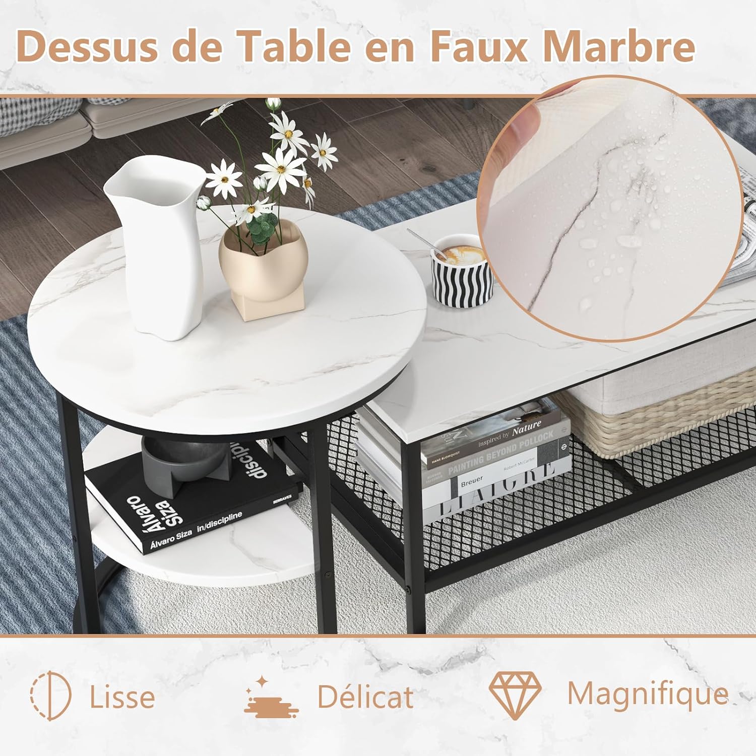 Juego de 2 mesas con mesa rectangular extraíble y mesa redonda, de imitación de mármol blanco, mesa auxiliar moderna para salón, blanco y negro - 6