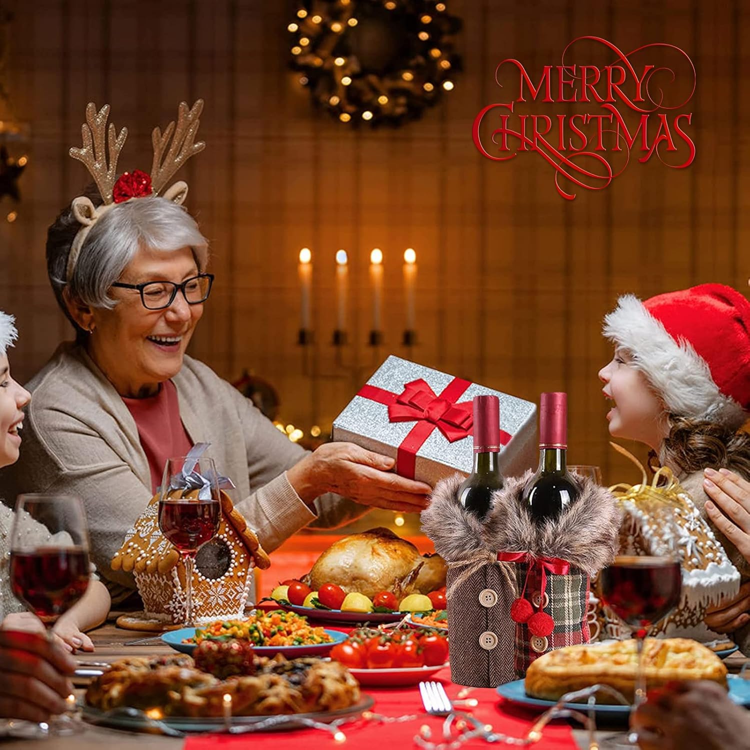 2 pezzi di copribottiglia di vino natalizio, borsa per bottiglia di vino rosso natalizio, coperchio per bottiglia di vino natalizio, per decorazione d - 4