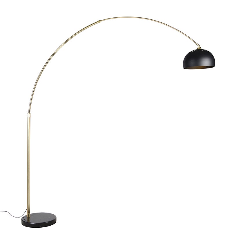 Nowoczesna lampa podłogowa łukowa mosiężna z marmurową podstawą i czarnym kloszem 32,5 cm - XXL