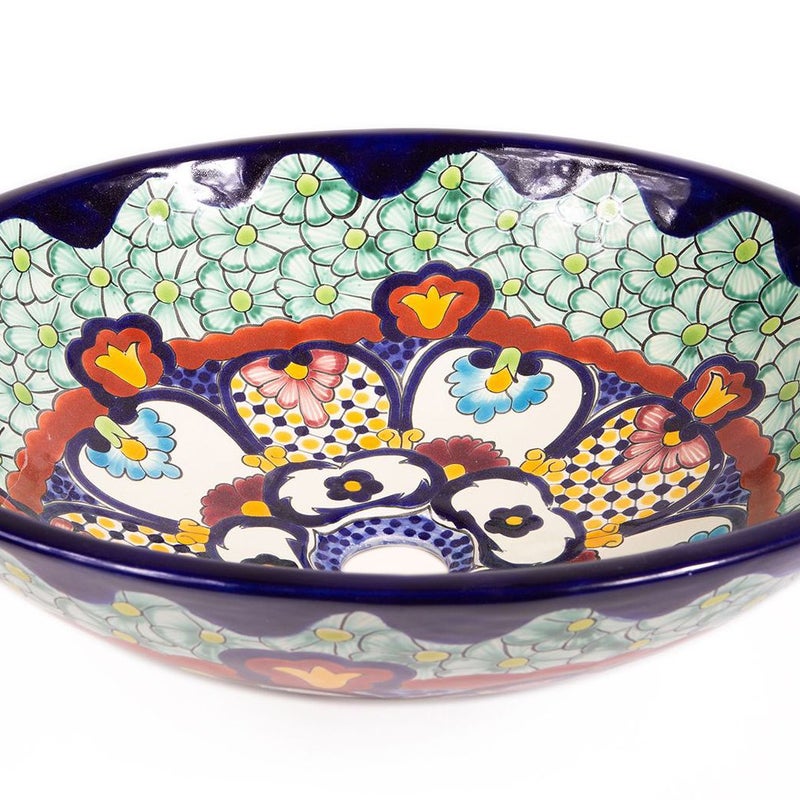 Meksykańska umywalka do montażu na blacie Juanetta – okrągła umywalka łazienkowa nablatowa 44 x 13,5 cm | Ręcznie wykonana umywalka