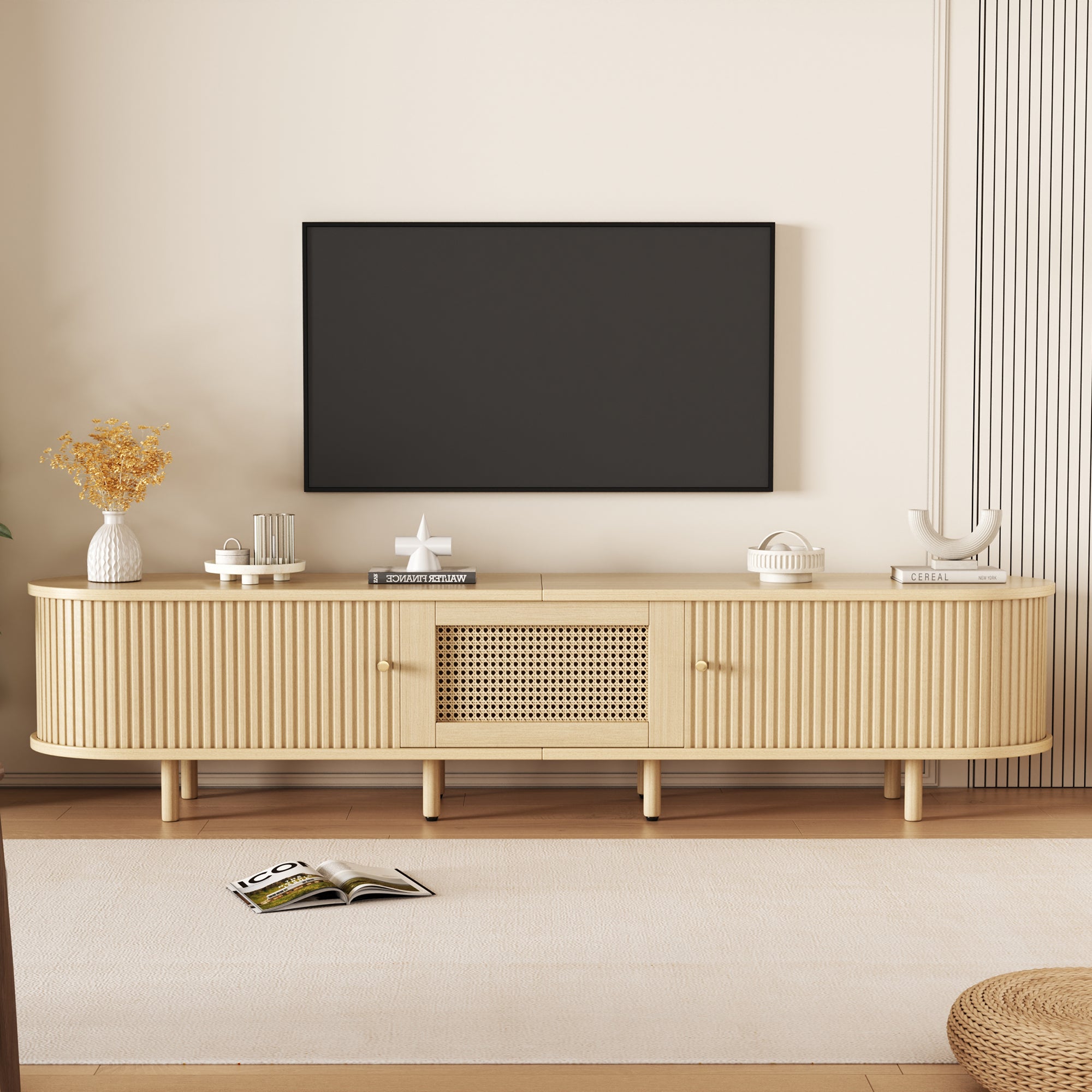Stolik pod telewizor z 2 drzwiami przesuwnymi, 1 szufladą z efektem rattanu i regulowanymi nóżkami - MDF - 180 x 40 x 40 cm - Jasne drewno - 2