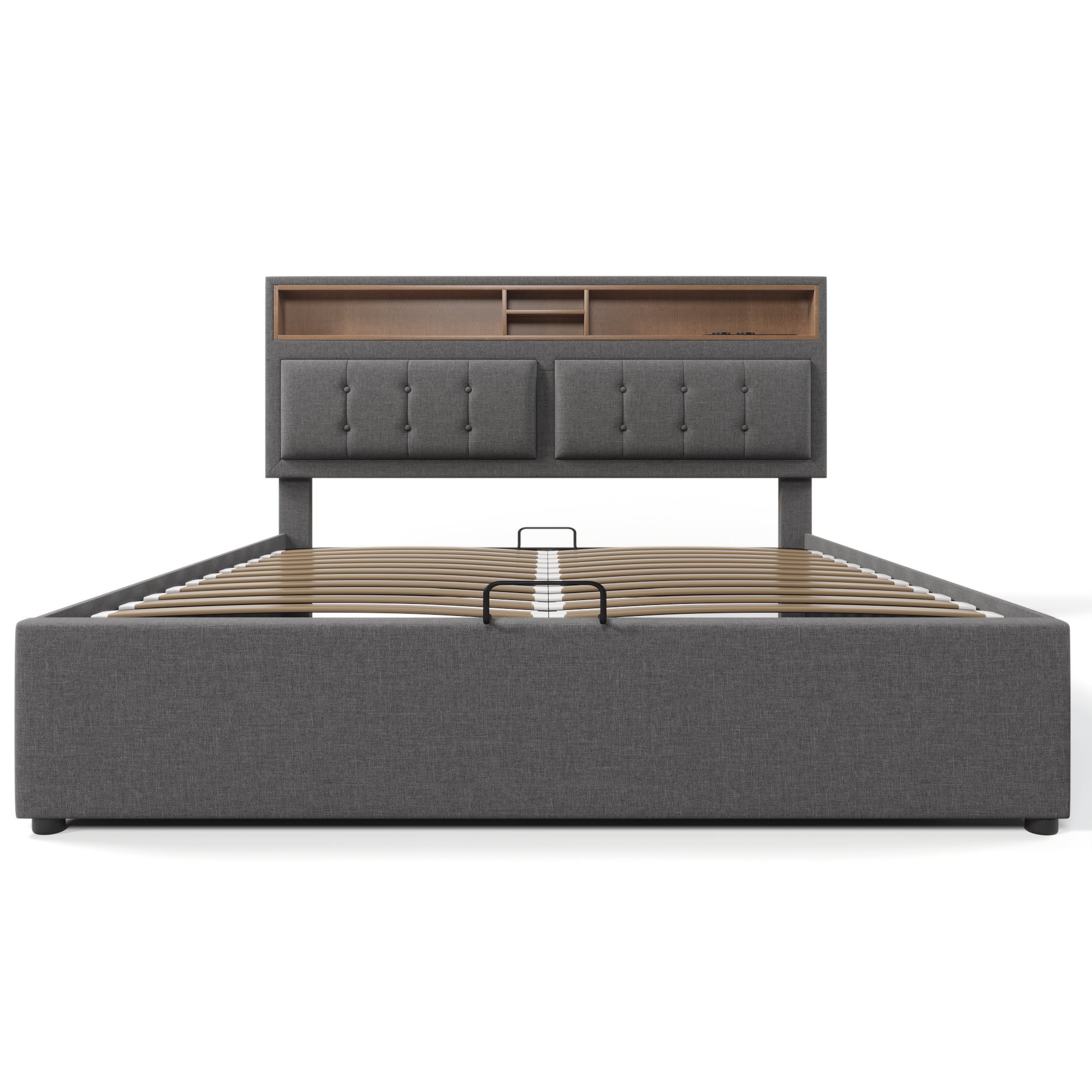 Cama contenedor 160 x 200 cm con cabecero contenedor - USB - tela de lino - gris - 5