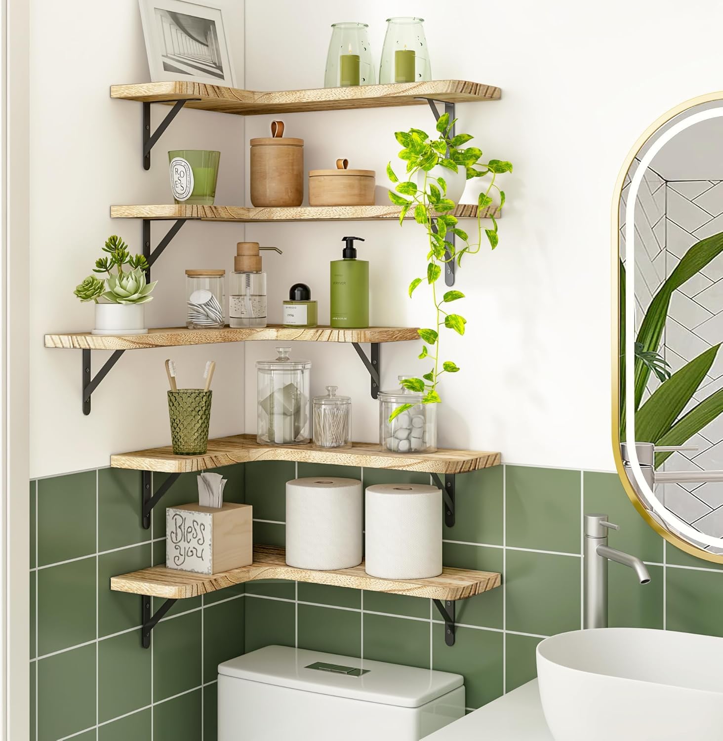 Lot de 2 étagères d'angle murales en bois pour chambre à coucher, salle de bain, cuisine, crèche, salon, bureau, étagères d'angle flottantes - 7
