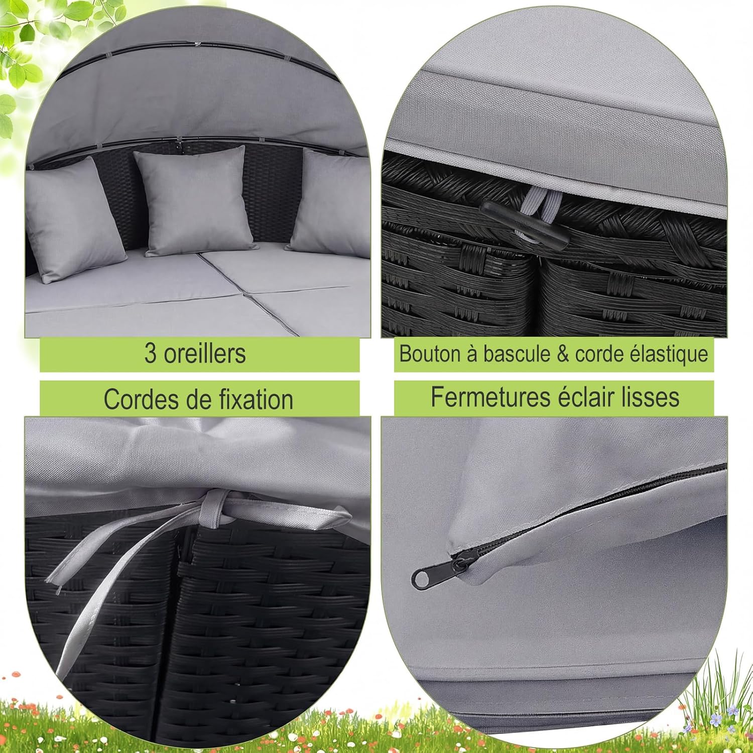 GIANTEX Lit de Jardin Rond en Rotin PE avec Auvent Rétractable, avec Coussins et Oreillers Amovibles Charge 360KG,pour Jardin Porche,Gris - 5