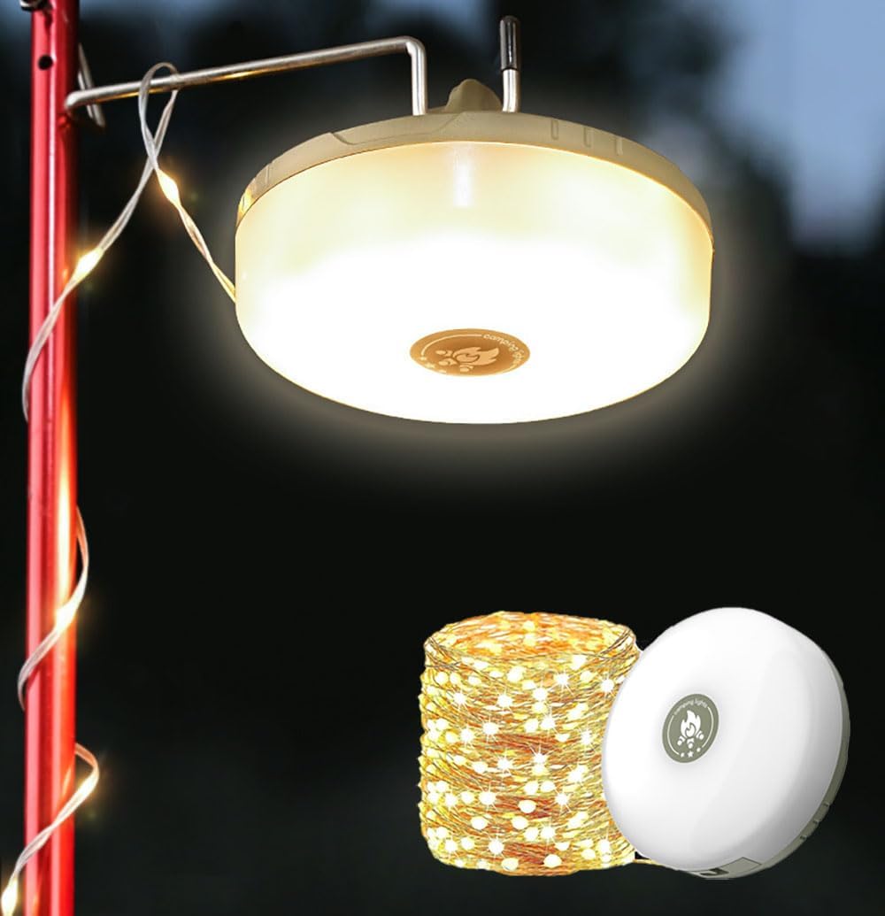 Lampki kempingowe 2 w 1, 5 trybów (9 m), LED na zewnątrz, wodoodporne IP44, przenośna lampa kempingowa