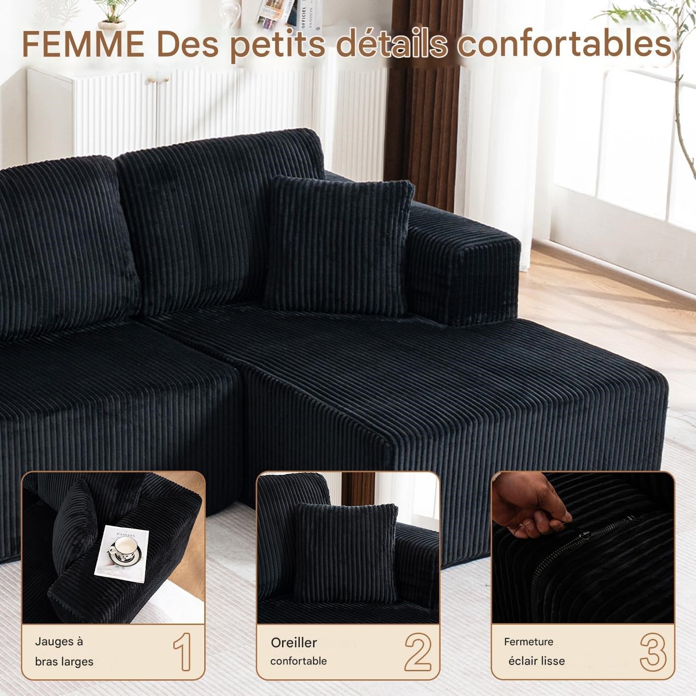 Canapé panoramique d'angle en U,4 places,Canapé modulable,accoudoirs,Velours côtelé,Étui à ressort + mousse haute résilience,Noir - 4