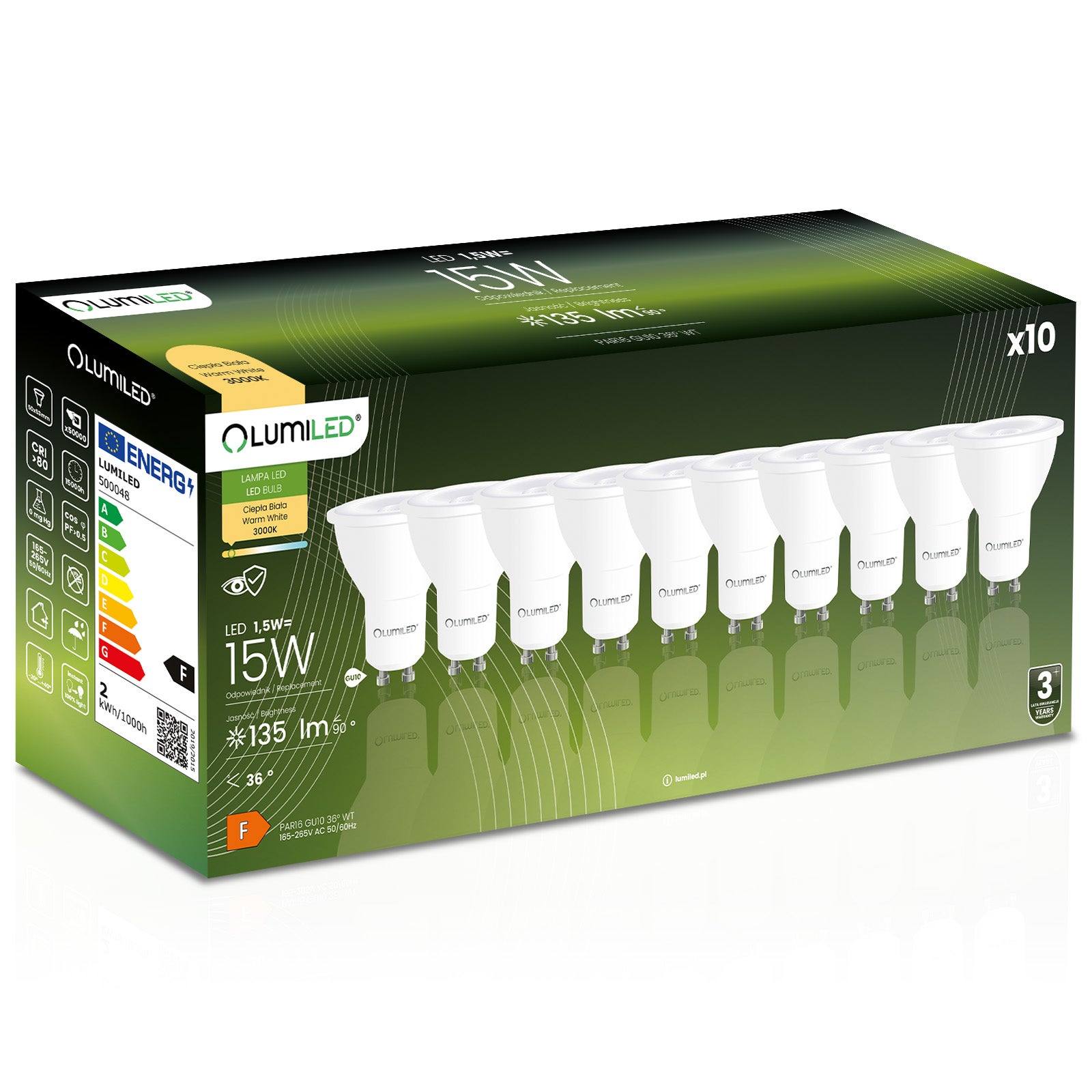 10x Żarówka Lumiled LED GU10 Reflektor PAR16 1,5W = 15W 135lm 3000K Ciepła 36st