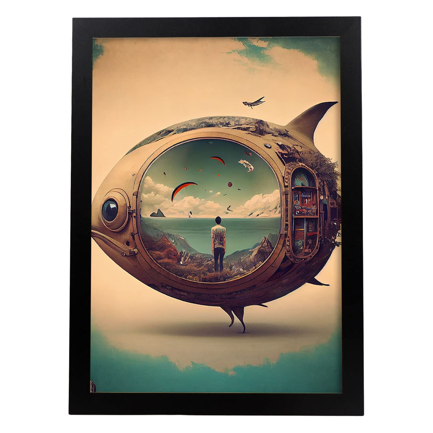 Nacnic poster pez en estilo surrealismo cinematográfico ilustraciones y grabados de historieta abstracta y artística para a3 marco negro