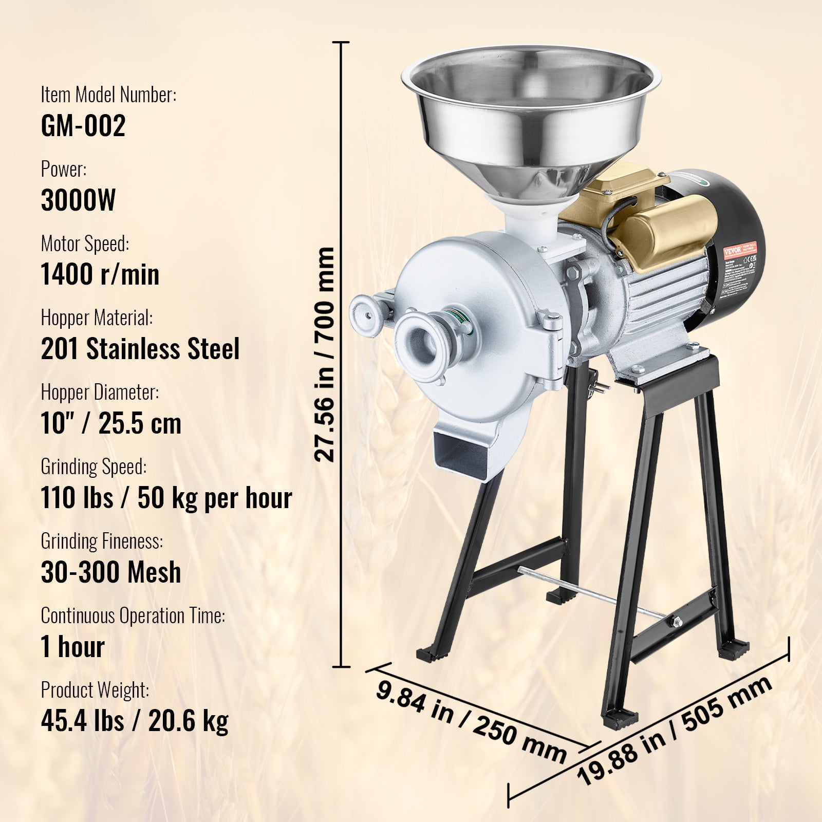 Moulin à grains électrique,VEVOR 3000W,moulin à farine humide et sec,épaisseur réglable,acier inoxydable,broyage rapide des grains,épicesM - 7
