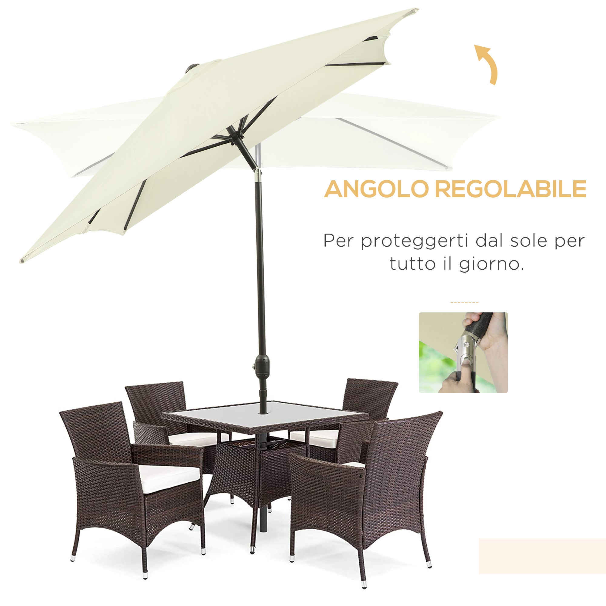 Parasol rectangulaire 2x3 m, en aluminium et polyester, à angle réglable, blanc crème et noir - 6