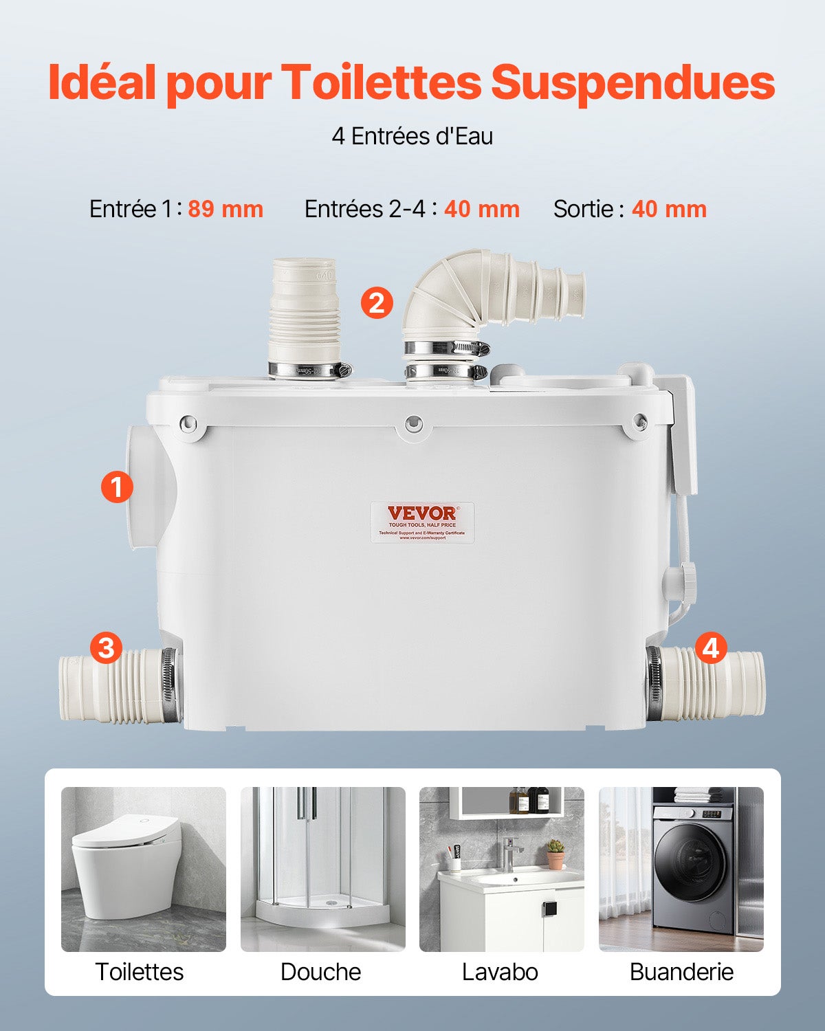 Pompe Macératrice VEVOR 500W, Pompe de Relevage 6600 L/h, Hauteur 8 m, 3 Entrées pour Toilette, Évier, Douche, Baignoire, Buanderie - 5