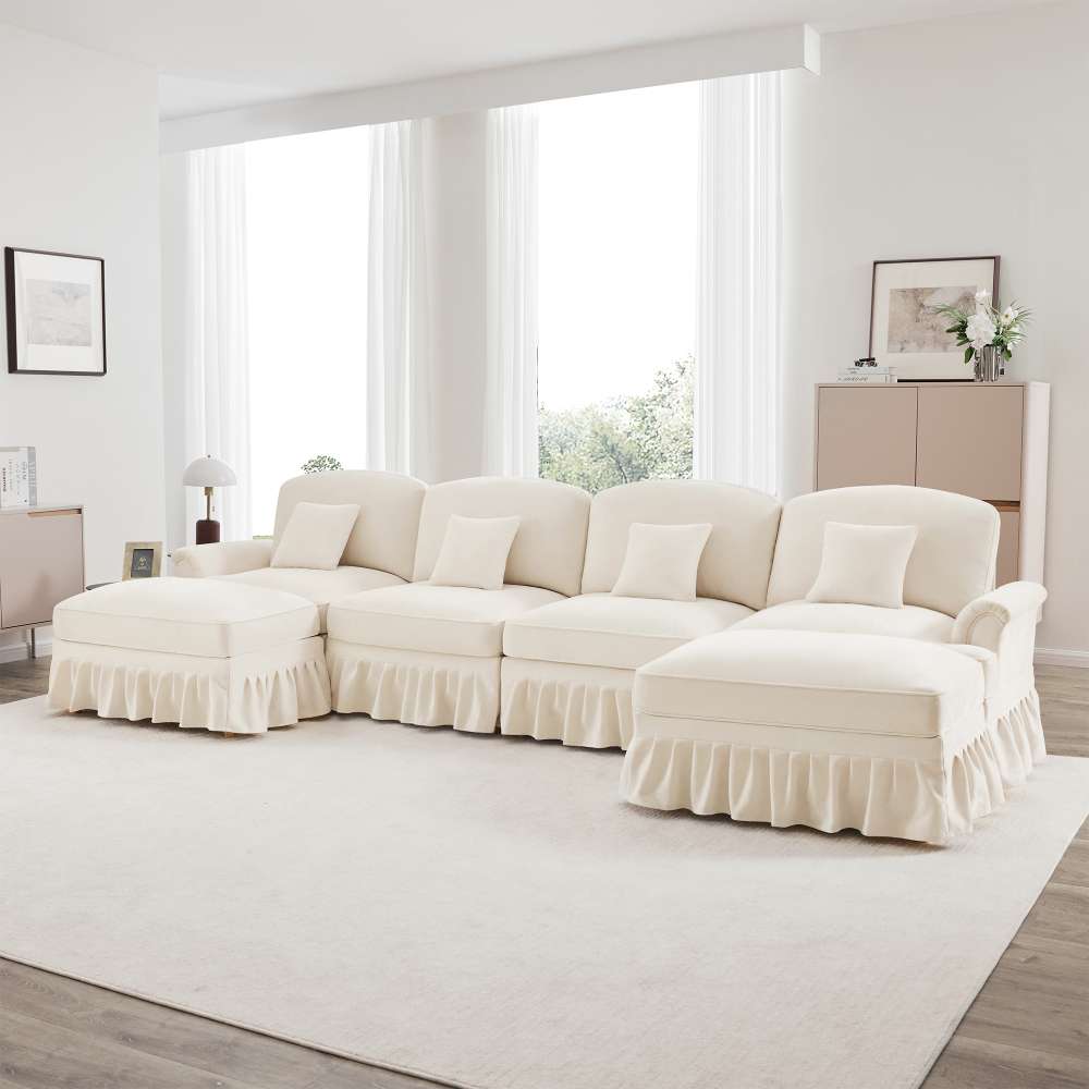 Divano modulare U 4 posti in chenille morbida con gonna removibile, braccioli a trombetta, gambe a spillo e pouf mobile –divano trasformabile 2 design - 2