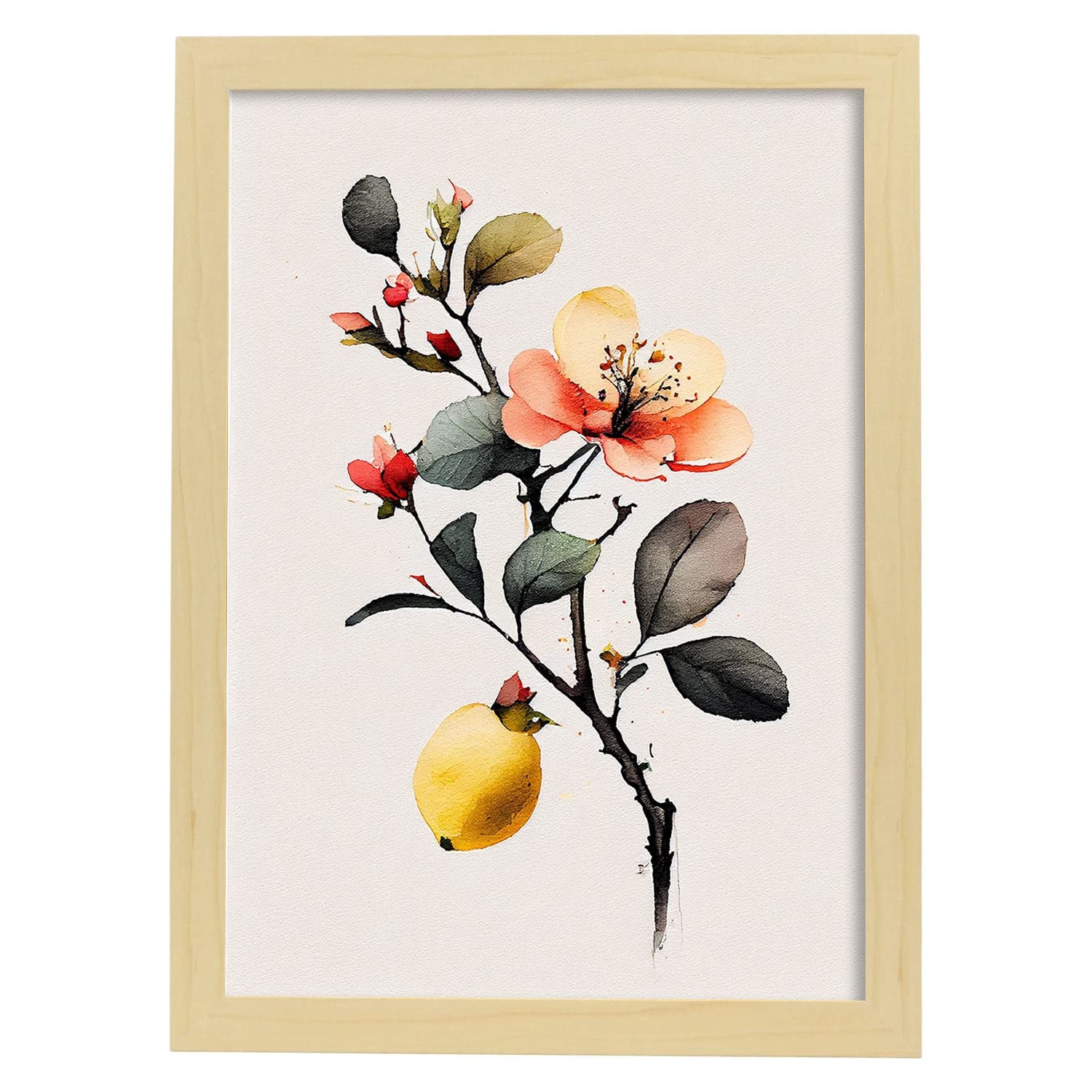 Nacnic poster de membrillo a todo color ilustraciones de frutas verduras y comida sana en estilo acuarela y modelo 2 a3 con marco de madera clara