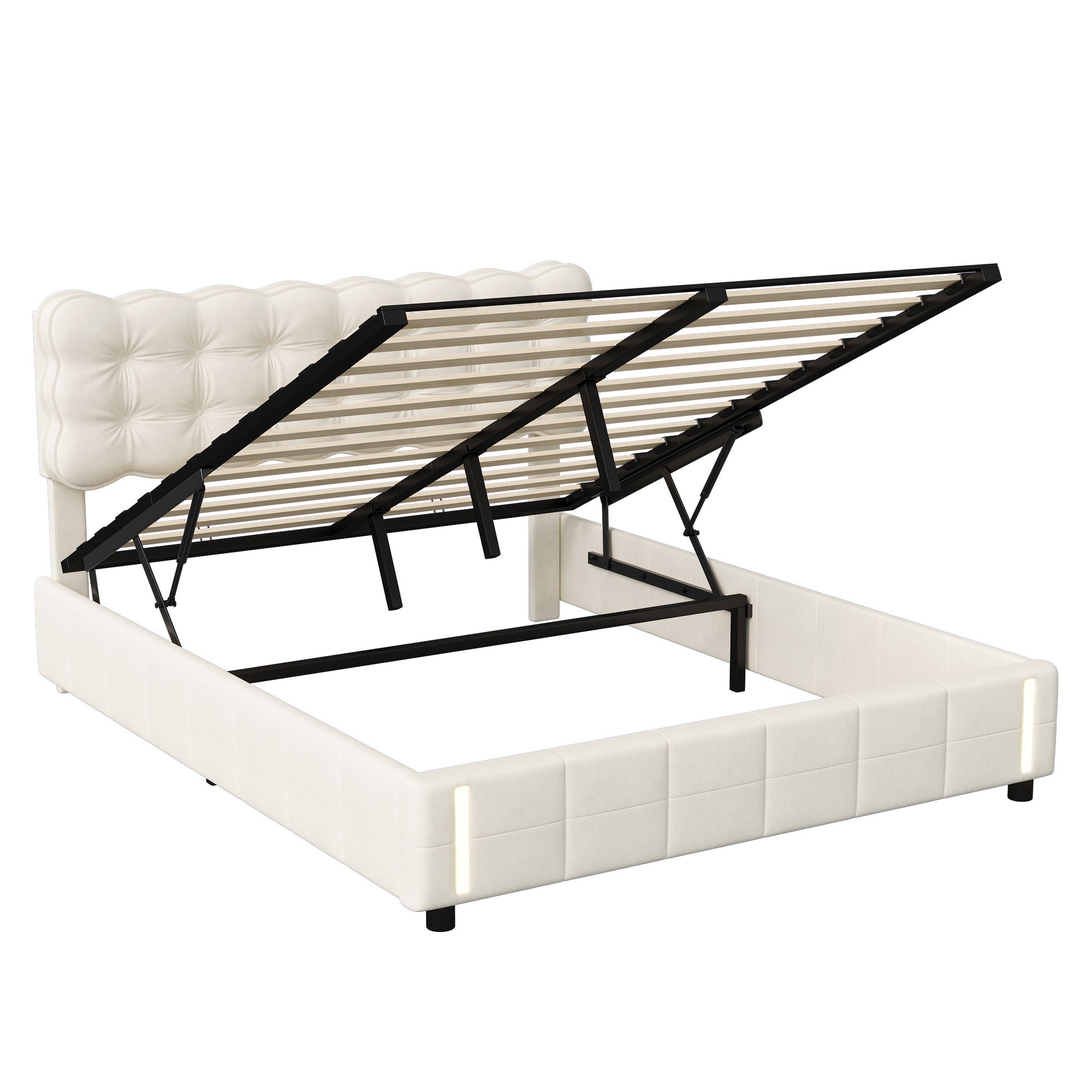 Lit coffre 140x190 avec sommier, velours, rangement, lit double adulte, lumière chaude à capteur, lit capitonné style scandinave - Beige - 5