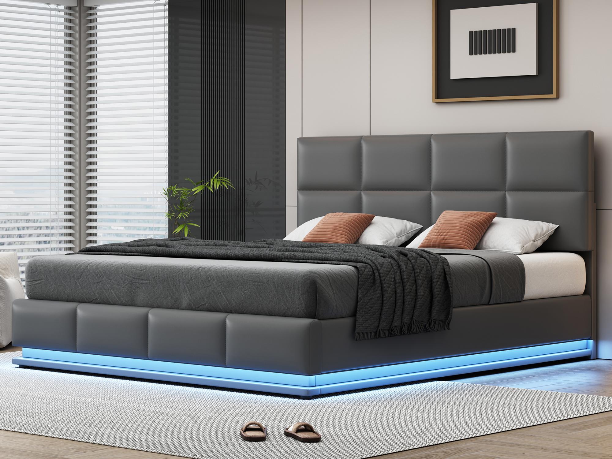 Łóżko z tapicerowanym stelażem 180x200 cm z oświetleniem LED - z ekoskóry - Szare
