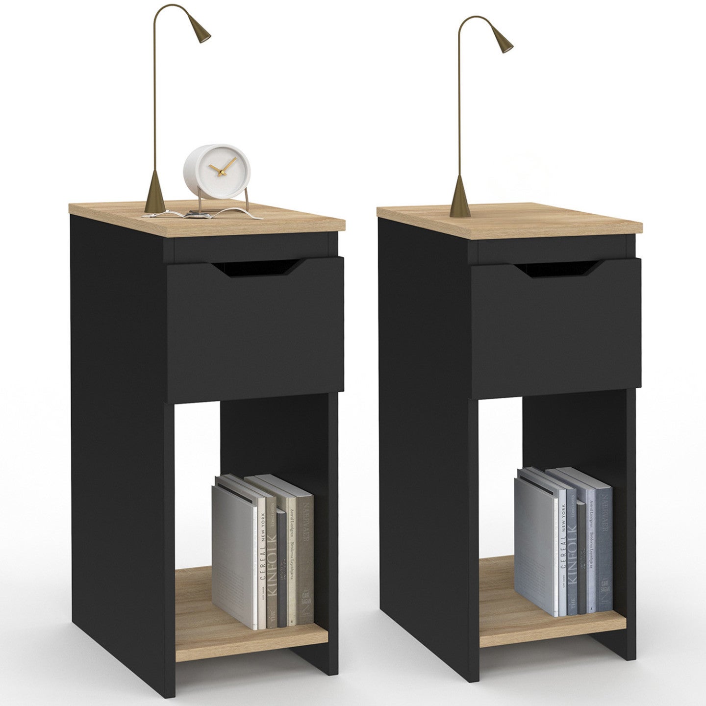 Lot de 2 tables de chevet ANOUK 1 tiroir avec niche noir et bois - 2