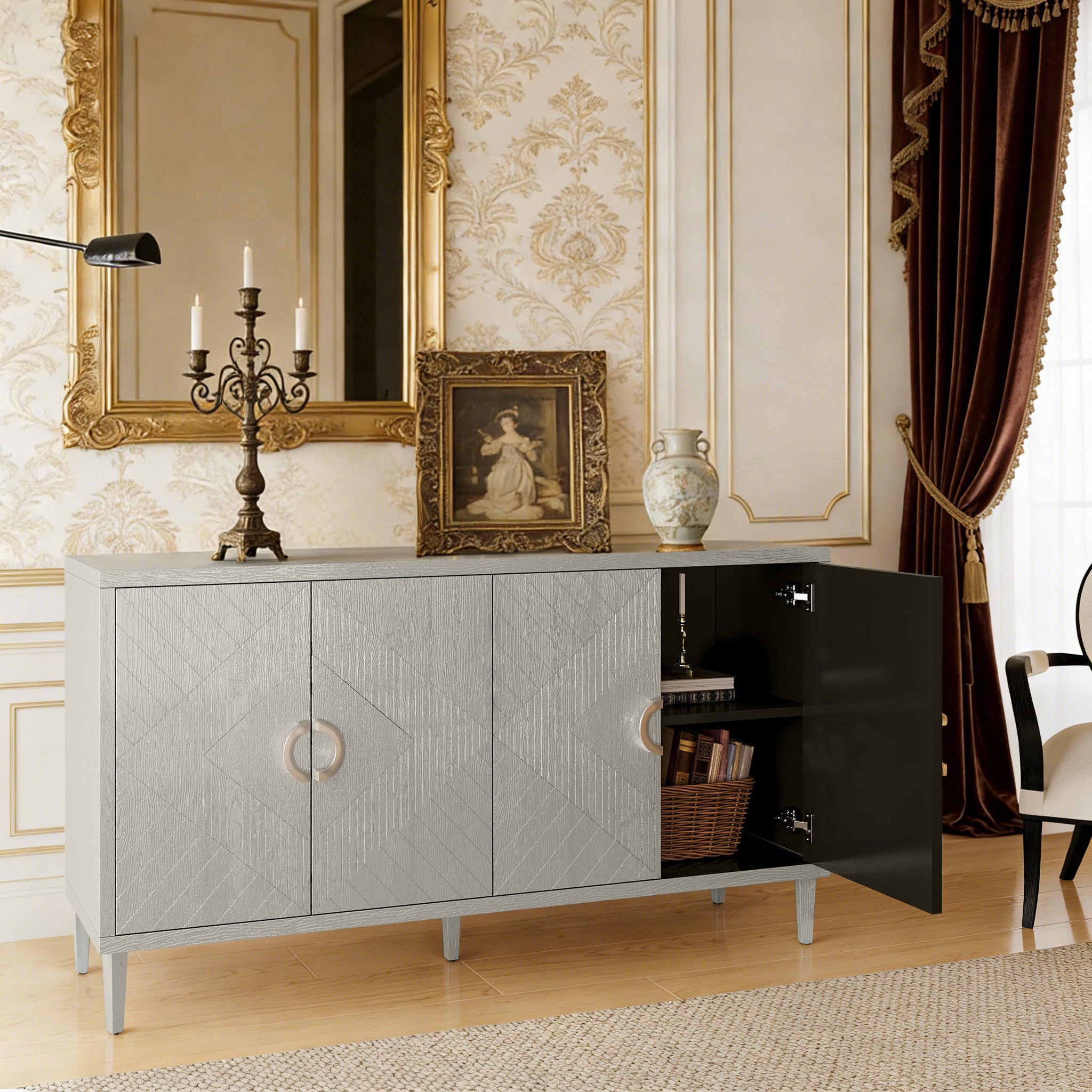 Buffet de rangement 4 portes 152 x 40 x 82,5 cm, MDF et pieds en pin ...
