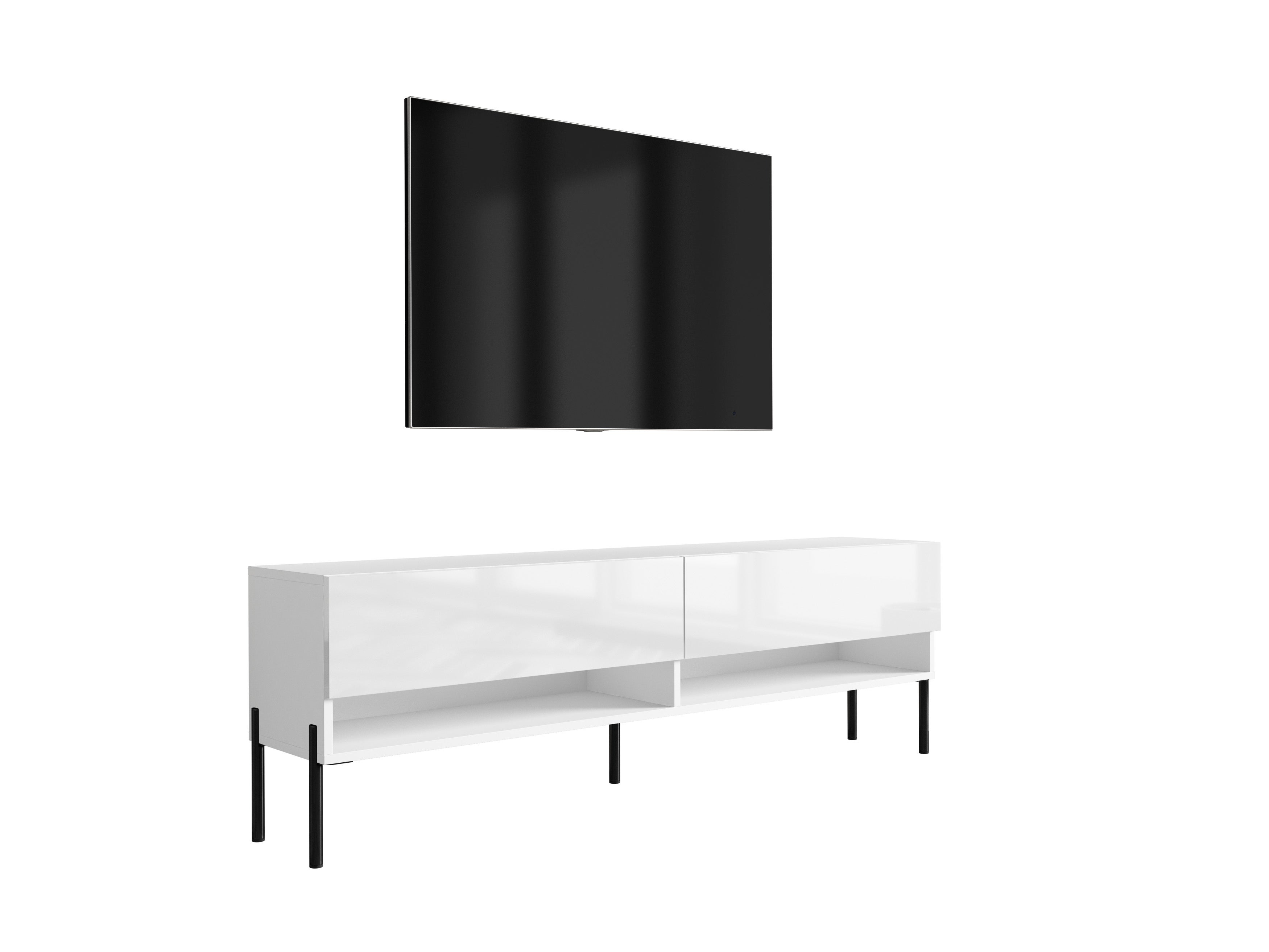 Szafka RTV : Biały Mat / Biały Połysk, nóżki proste czarne, 170 × 32 × 52 cm