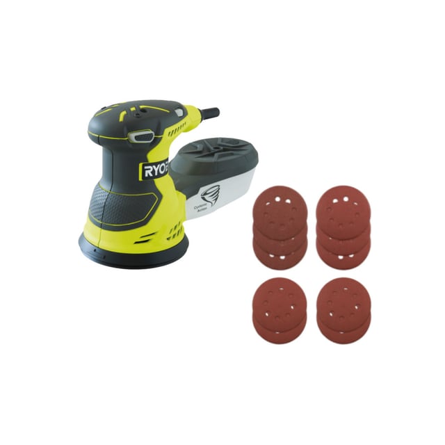 Pack RYOBI Ponceuse excentrique électrique ROS300A - 300W - sac de transport - 10 Disques abrasifs - 125mm - Grain 100, 120, 240, 320