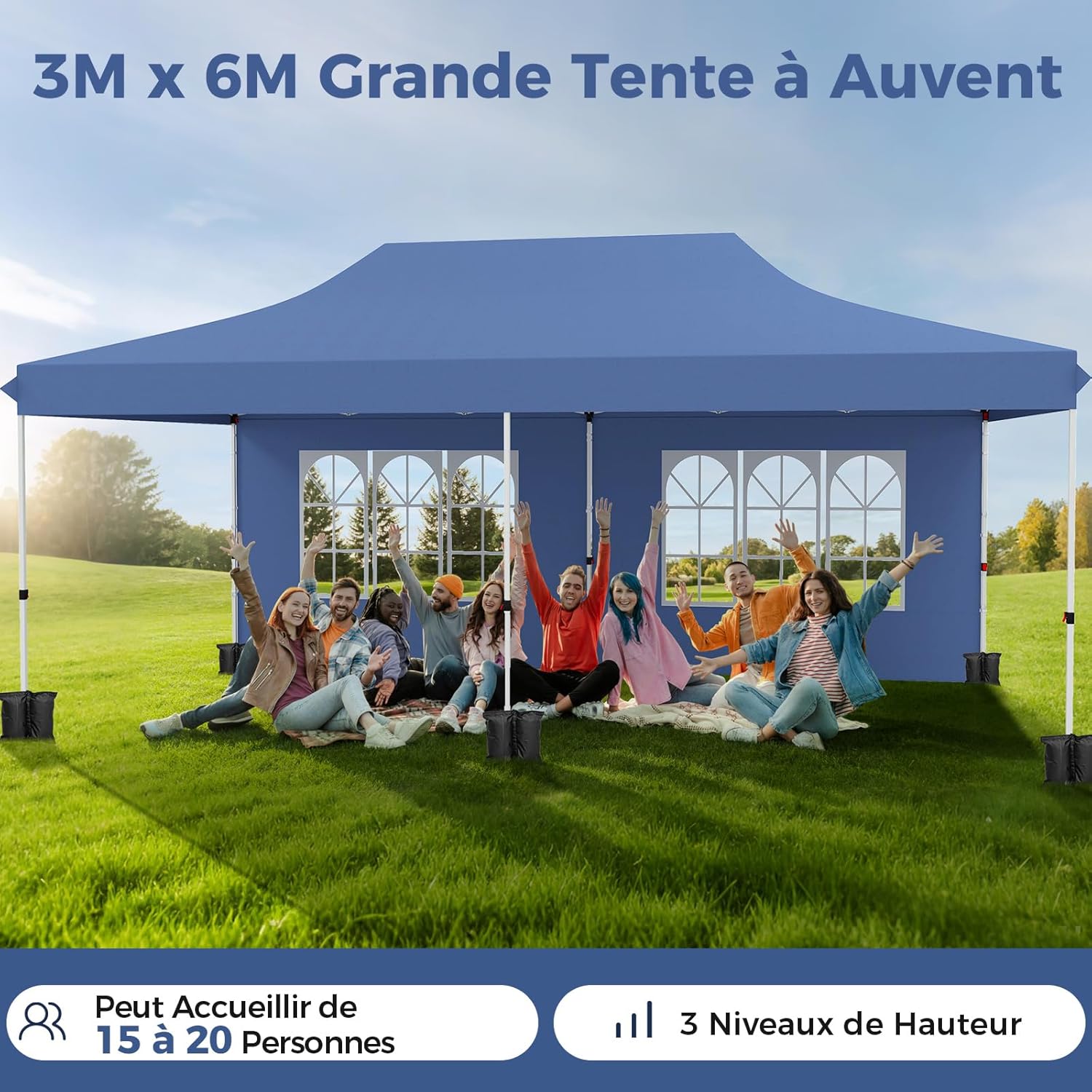 Cenador plegable de 3 x 6 m con 6 paredes laterales, 6 sacos de arena, carpa para fiestas, estructura metálica ajustable, pabellón desplegable y bols - 5