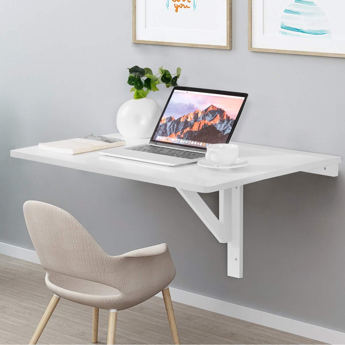 Table Murale Rabattable Pliable en Bois, Support Mural Pliant, Double Pliage, Gain de Place, Charge 20KG, 80 x 60 x 45 CM (Blanc) - 2