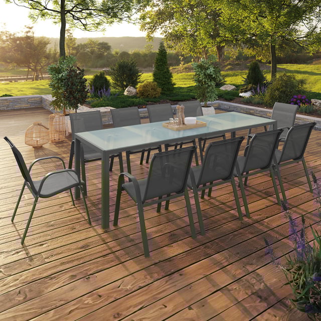 Salon de jardin MADRID table 240 CM et 10 chaises empilables gris anthracite plateau clair