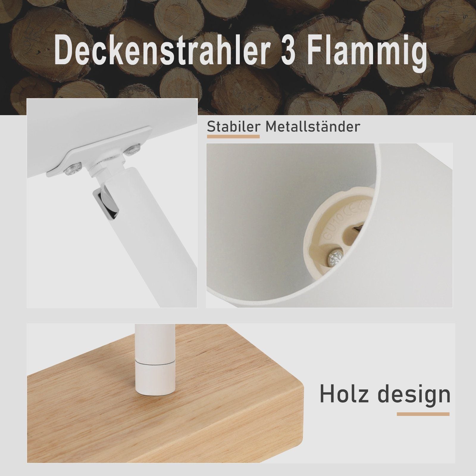 NETTLIFE 3 Focos de Techo Vintage GU10 Modernos de Madera Blanca Giratorios 350° para Dormitorio Salón Oficina Comedor Cocina - 4